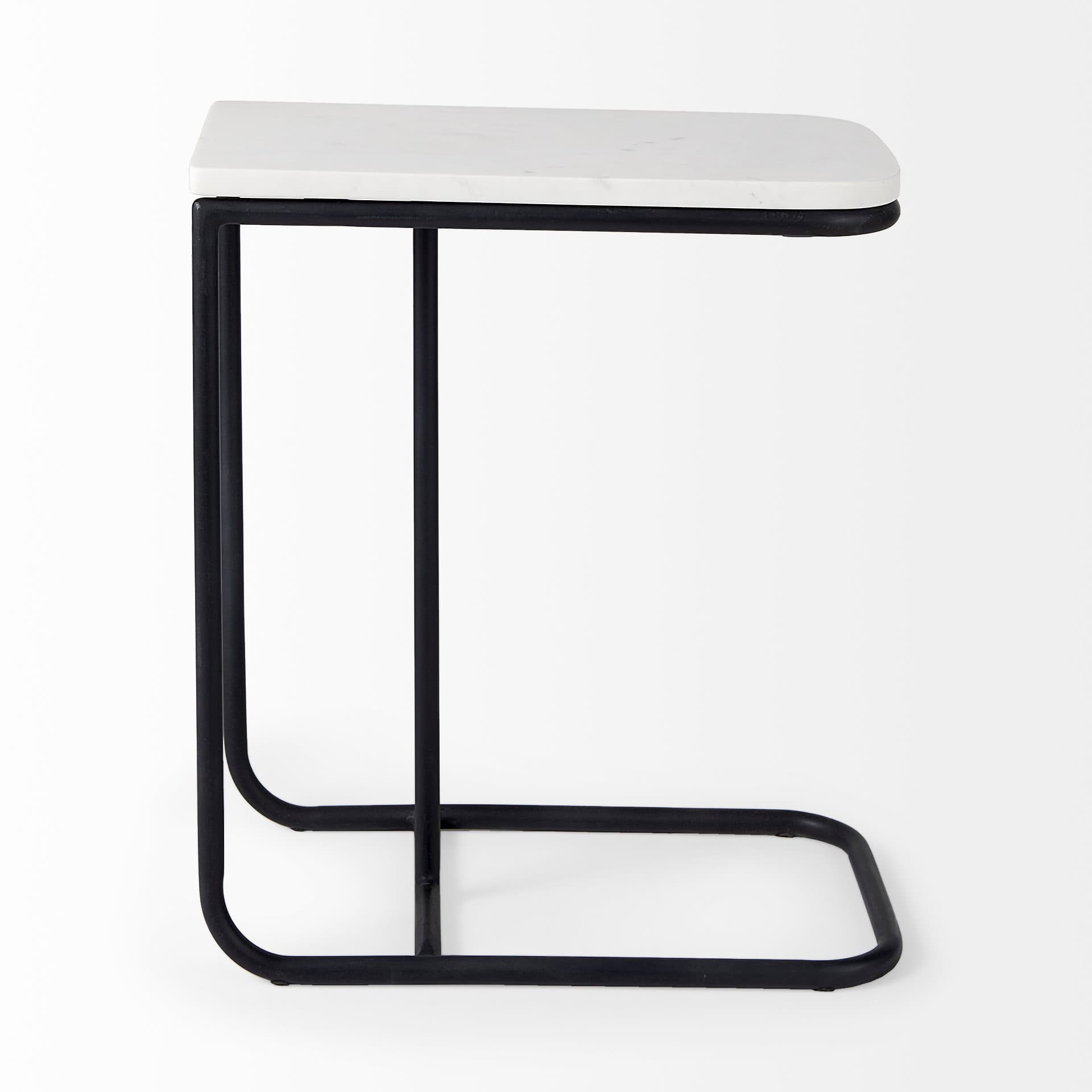 Kyra 12.0L x 20.0W x 23.0H White Marble Top W/Black Iron Frame C-Shaped End and Side Table — product photograph