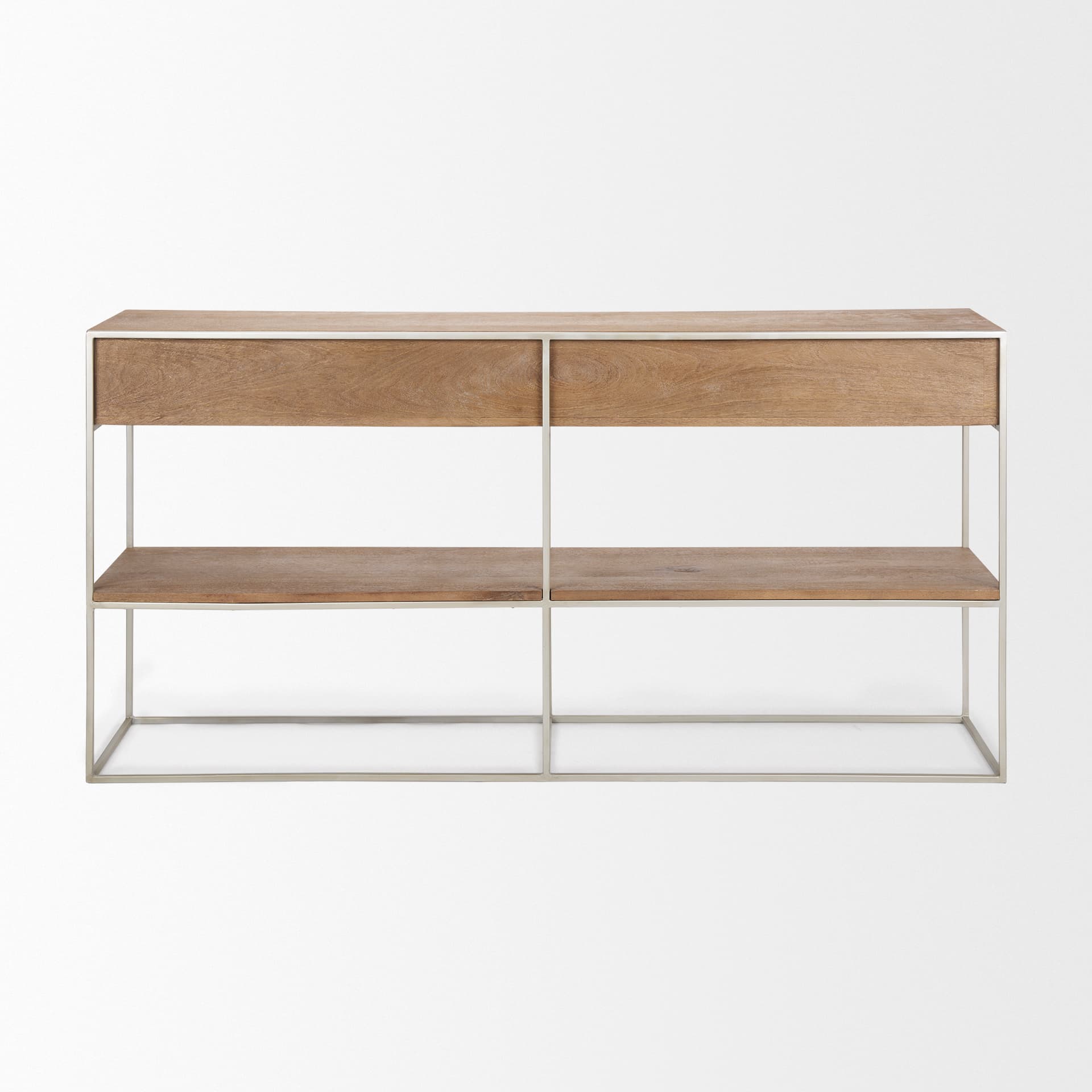 Morris I 63L x 15W x 31H Brown Wood w/ Silver Metal Frame 2 Drawer Console Table — product photograph