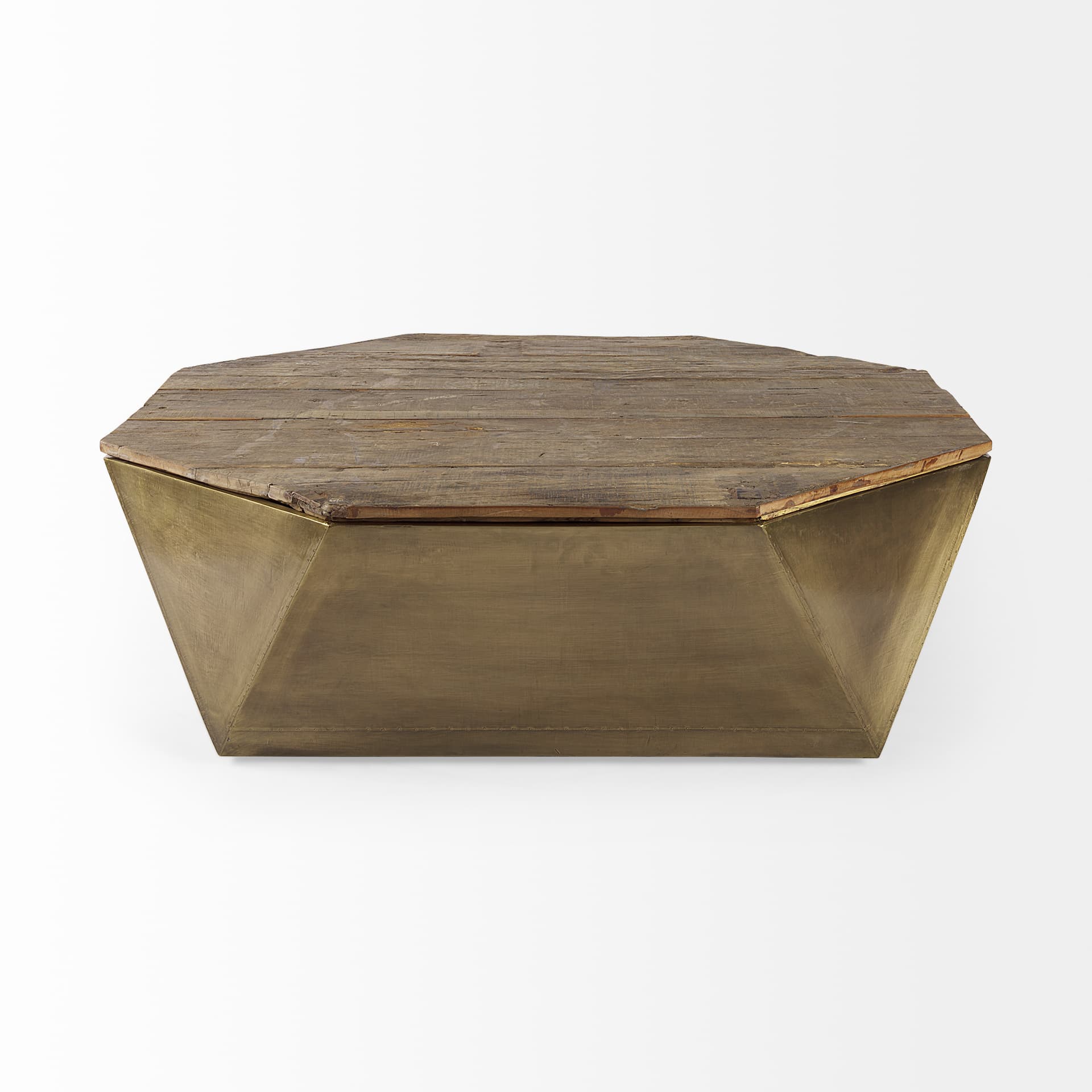 Esagono Octagonal Gold Metal-Clad Reclaimed Wood Coffee Table w/ Storage — product photograph