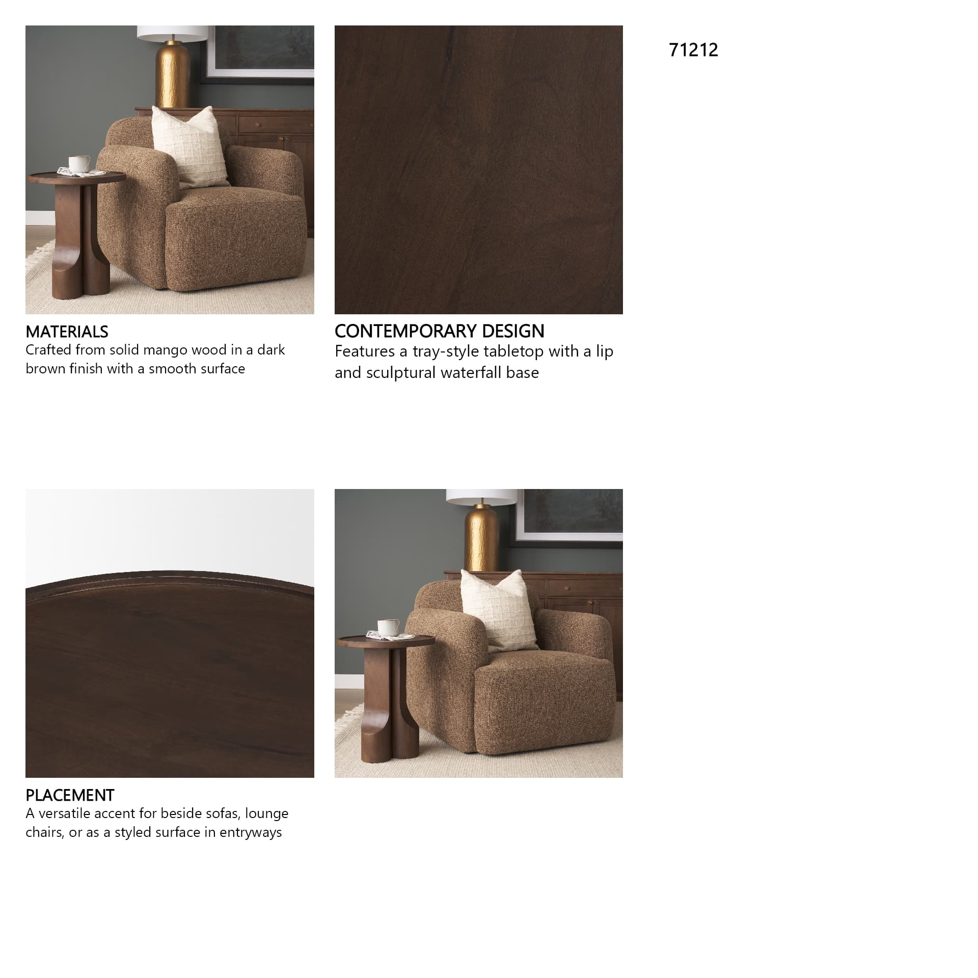 Cayson Dark Brown Sculptural Round Accent Table — in a styled room