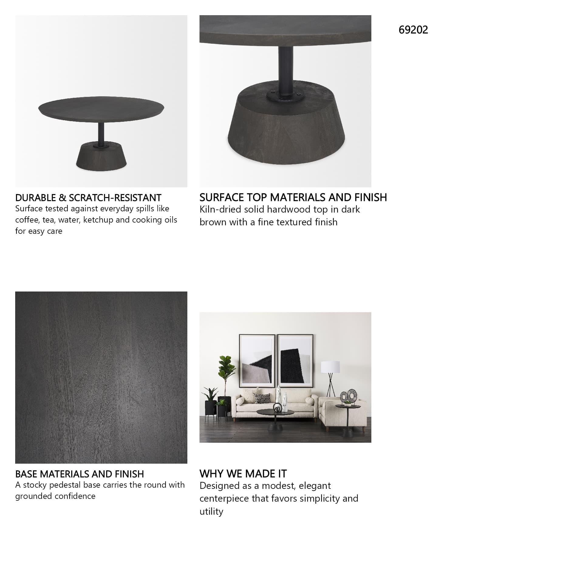 Maxwell 34" Dark Brown Wood W/ Black Metal Pedestal Base Round Coffee Table — in a styled room