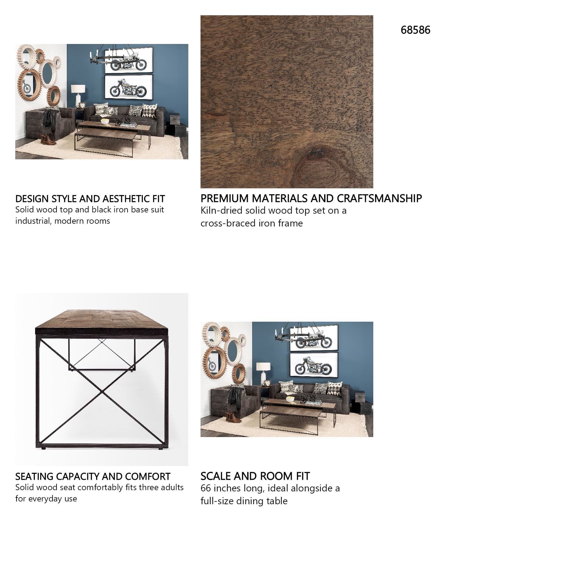 Trestman III 66L x 18W Brown Wood Top W/Black Iron Base Accent Bench — in a styled room
