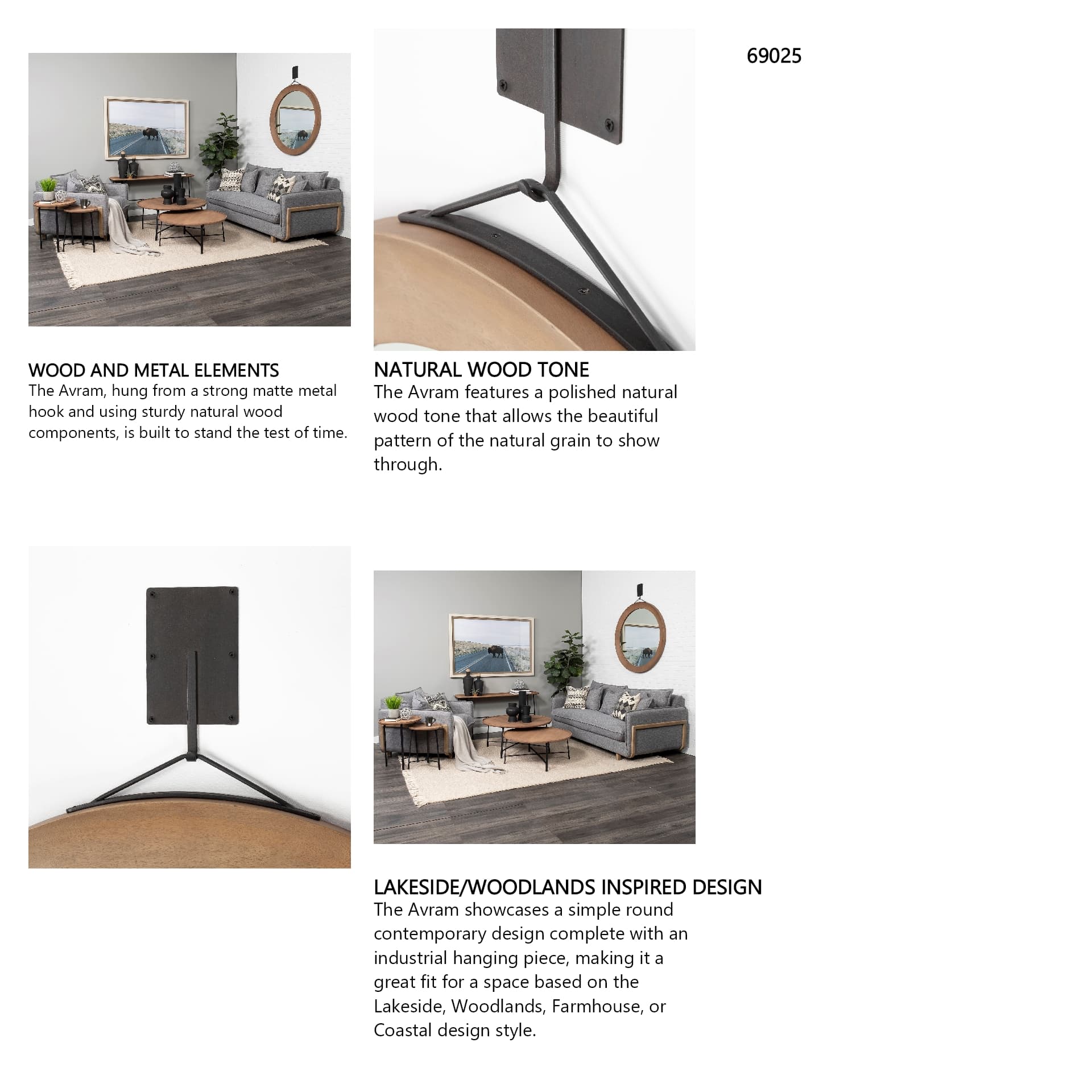 Avram 43.5" Round Brown Wood Frame Mirror — in a styled room