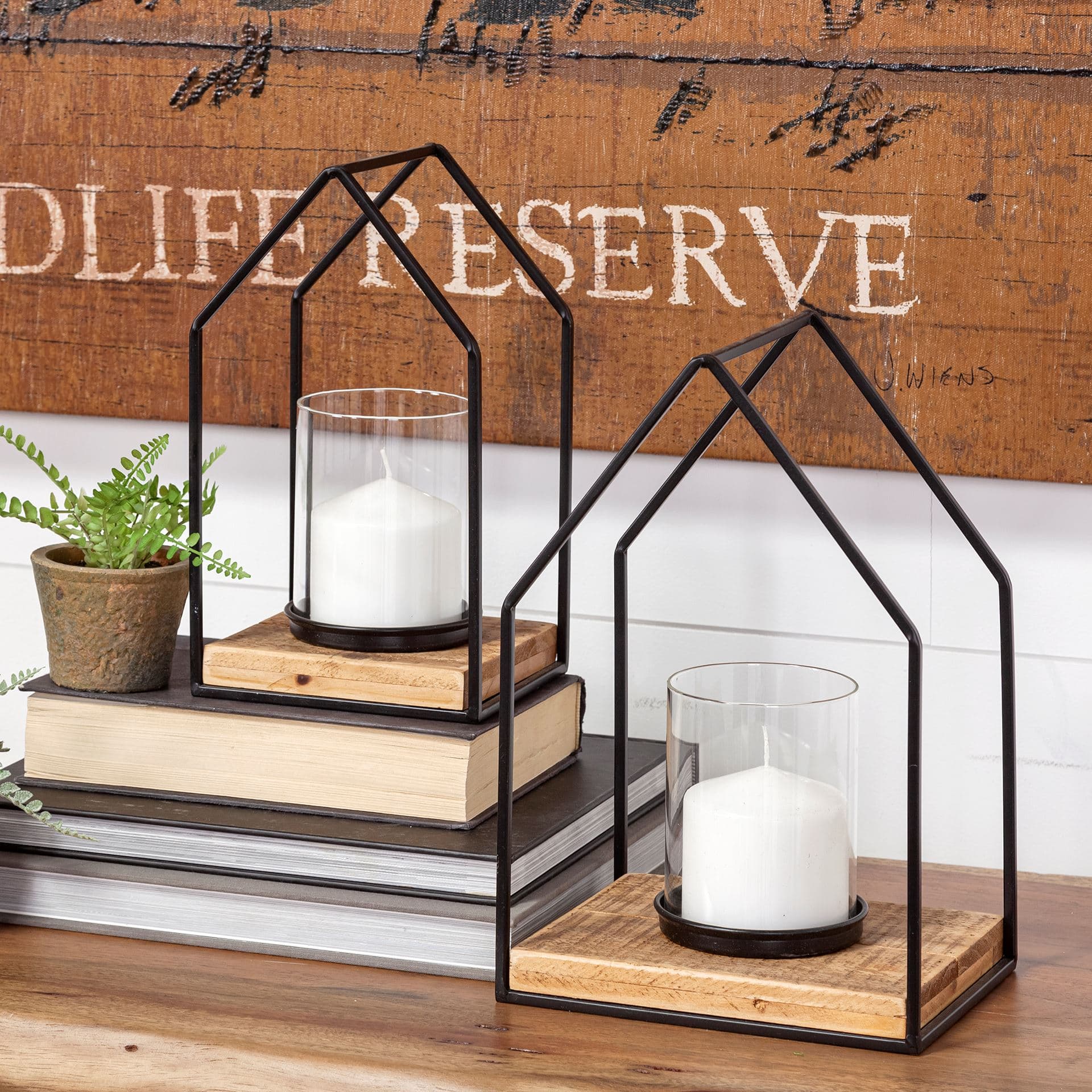 Leopold Set of Two Black Metal Wooden Base Table Candle Holders — product photograph