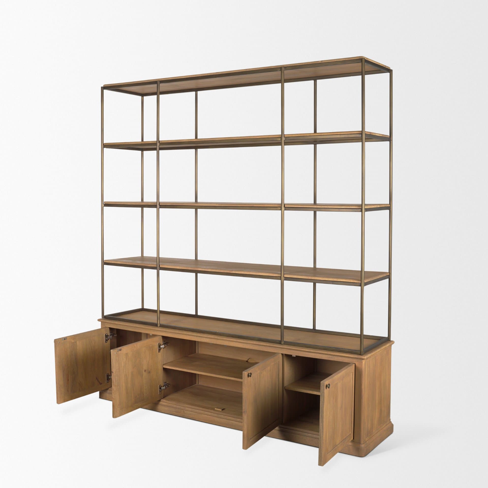 Baron 4-Door Light Brown Wood w/ Gunmetal Open Shelving Unit — product photograph