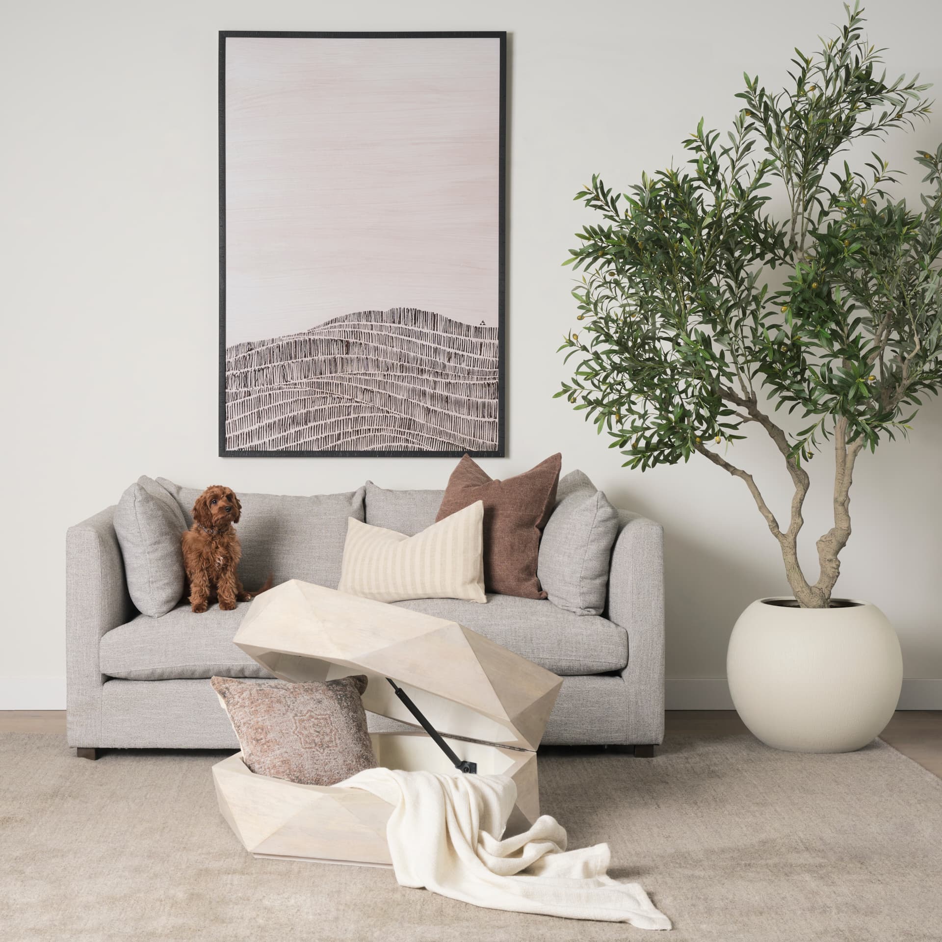 Arreto 36" Hexagonal Hinged Solid Wood Top and Base Coffee Table — in a styled room