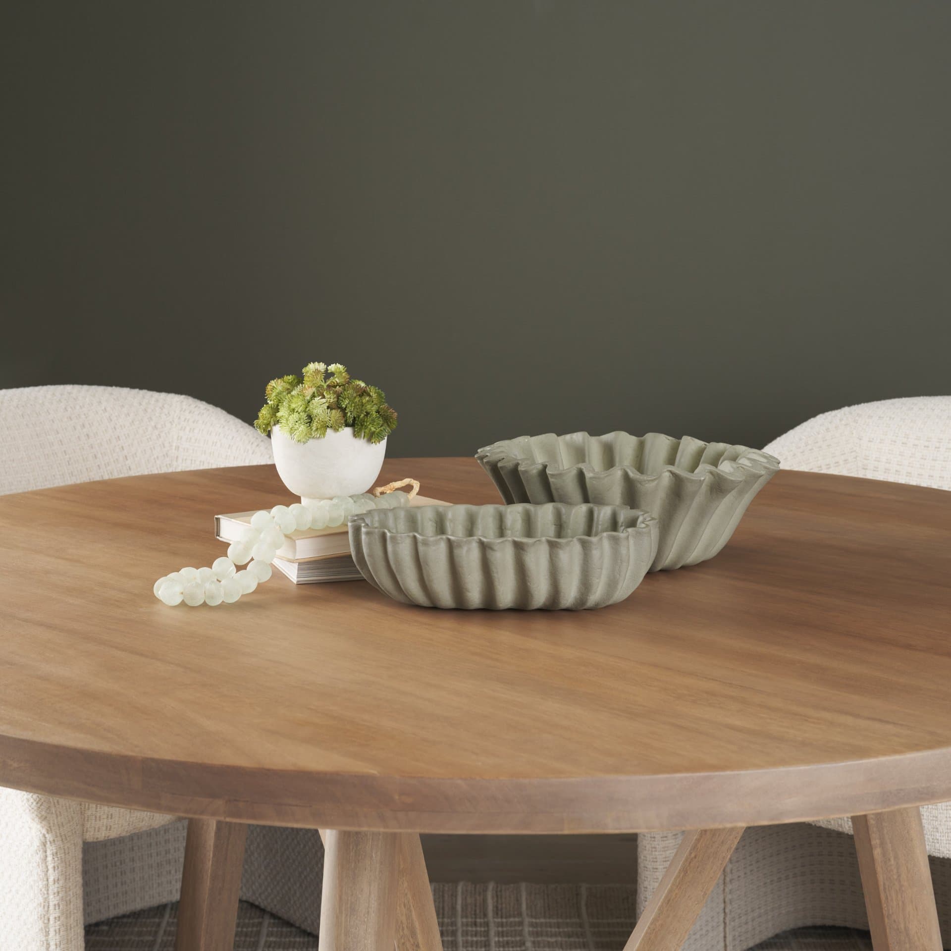 Camelia Large Fluted Sage Green Paper Mache Round Centerpiece Bowl — in a styled room
