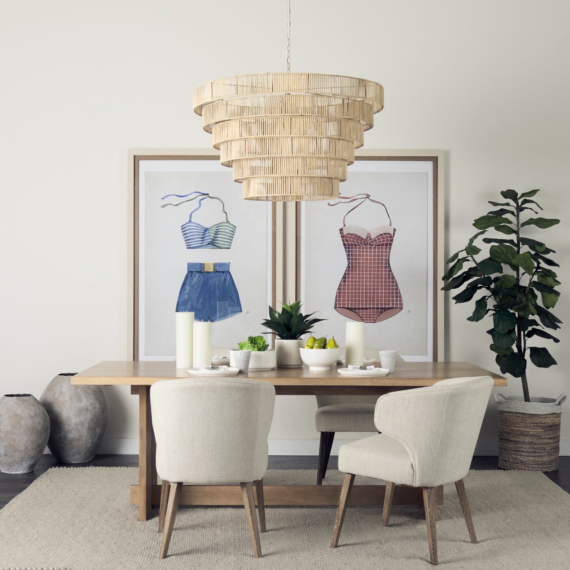 Marimba 40 L x 40 W x 24 H Natural Cane 6 Tier Chandelier — in a styled room