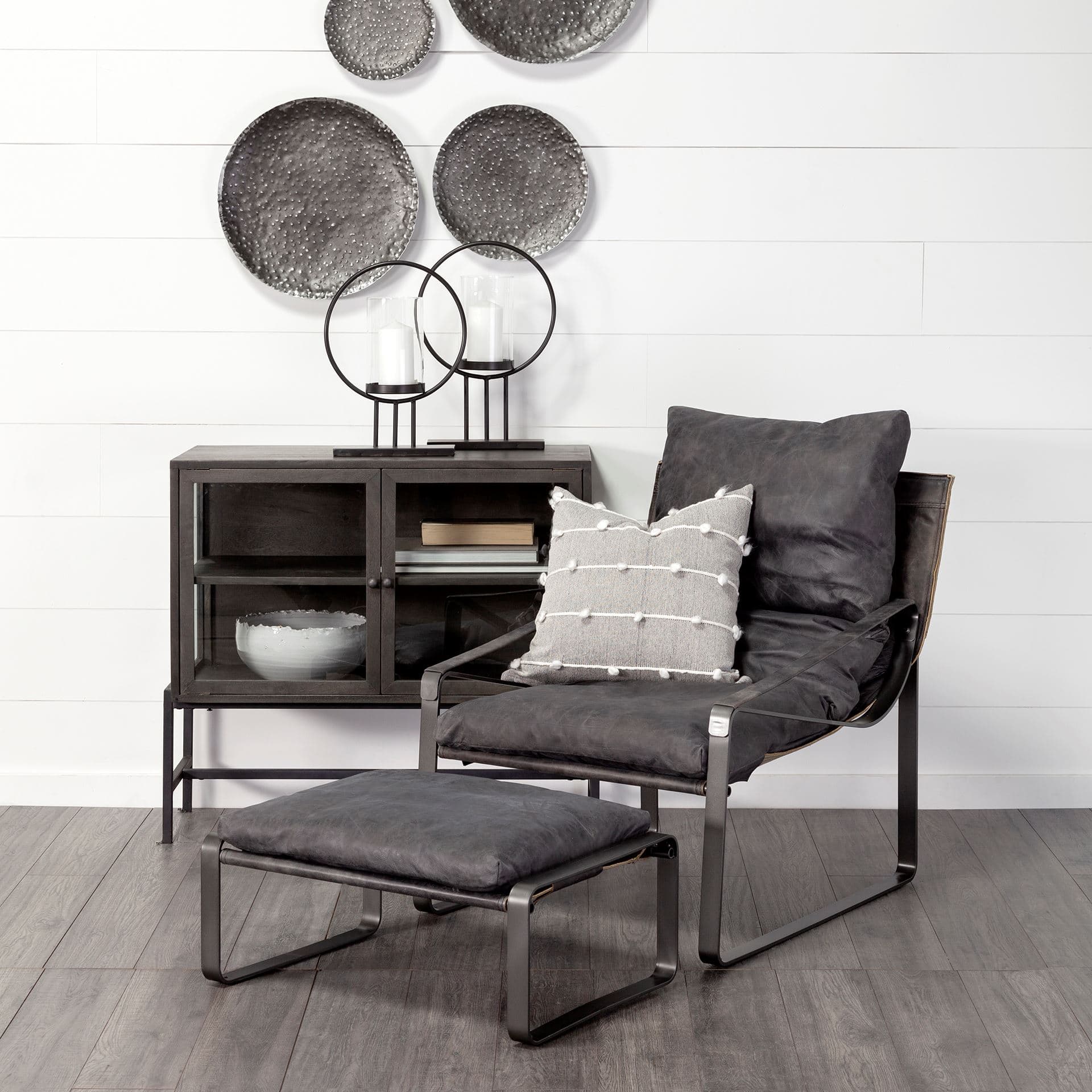 Arelius 36L x 18W Black-Brown Wood, Black Metal Base w/ 2 Glass Doors Accent Cabinet — product photograph
