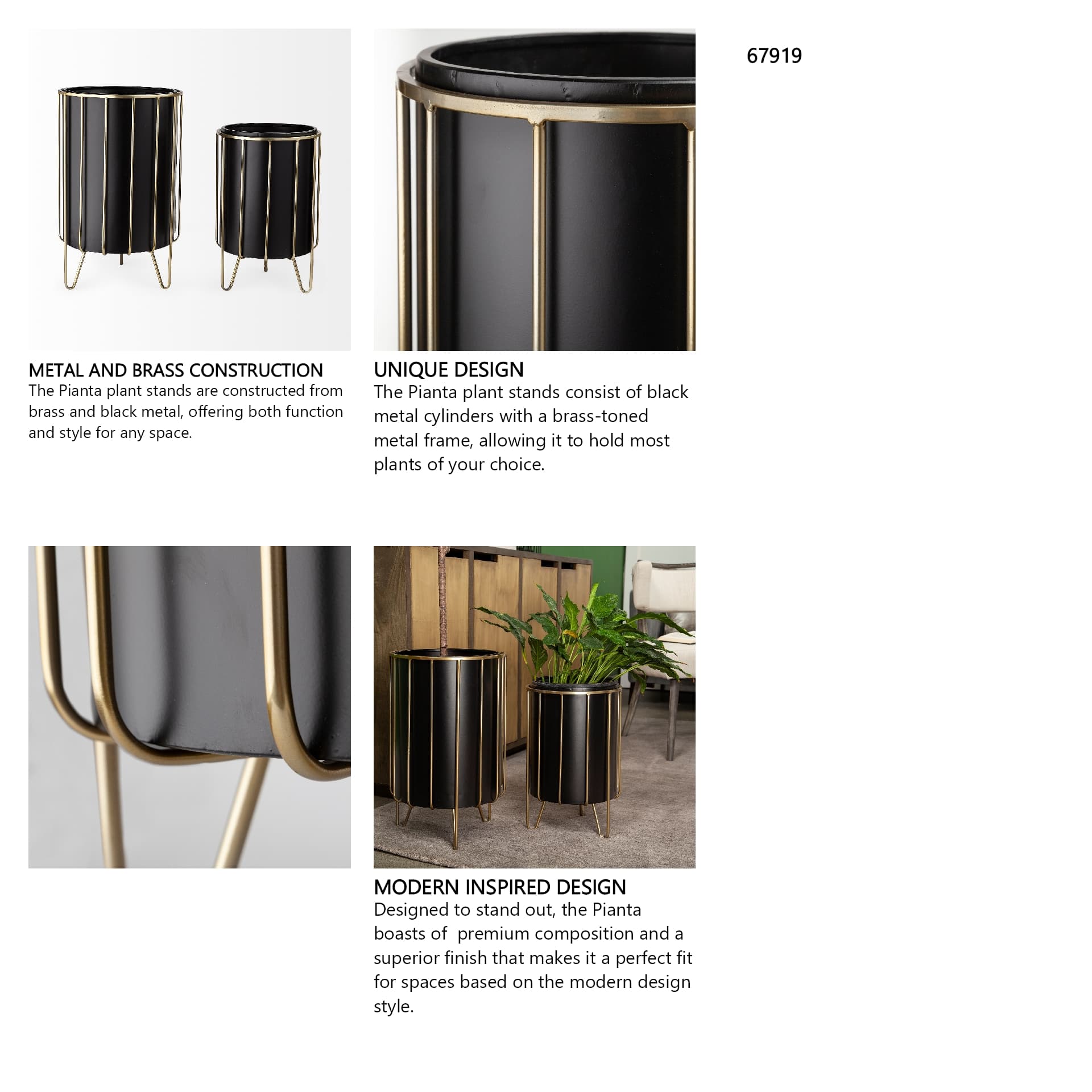 Pianta 13 x 21 Set of Two Black Metal Insert Brass Frame Plant Stands — in a styled room