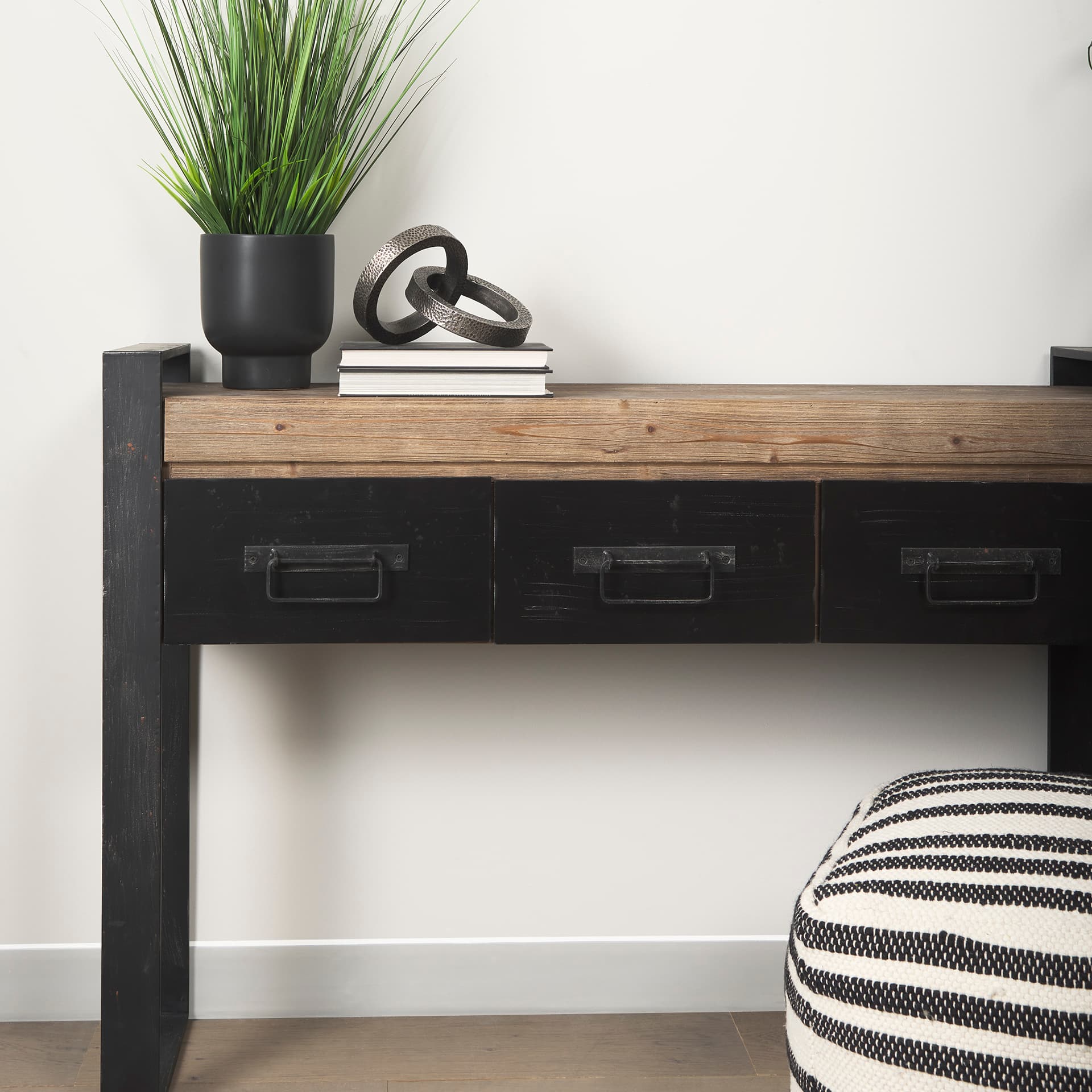 Rafiki Two Blackened Silver Hammered Finish Metal Conjoined Circles — in a styled room