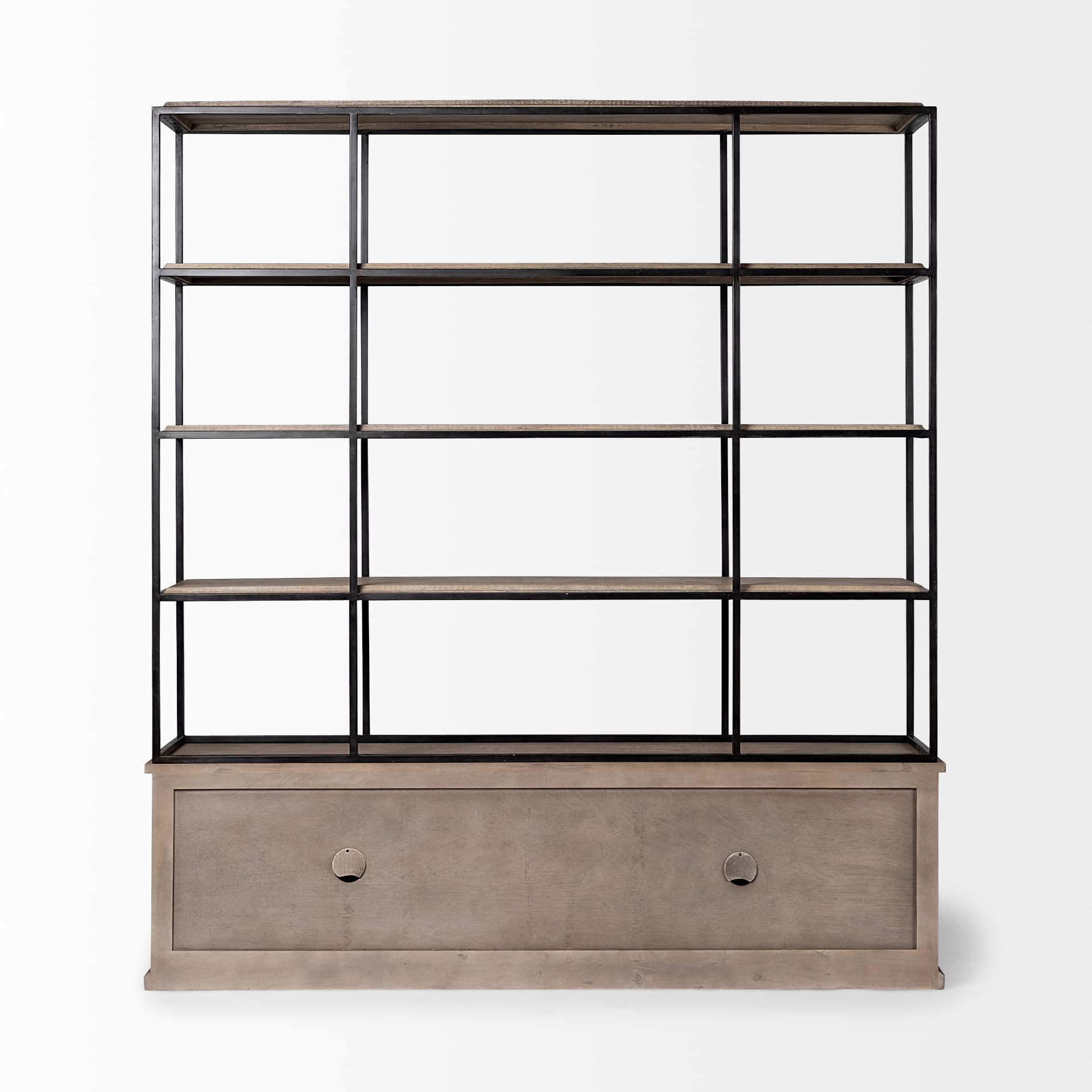 Braxton I Light Brown Wood and Iron Three Shelf Shelving Unit 81.5L x 18.5W x 90 — product photograph