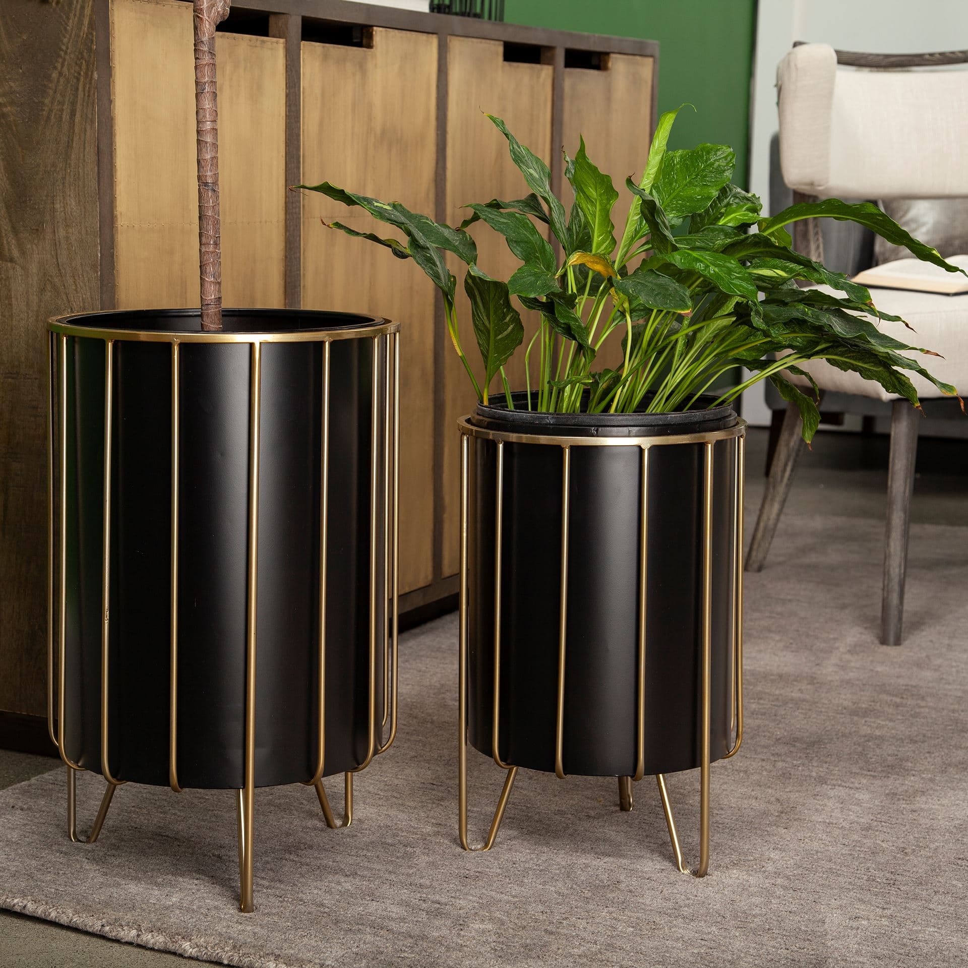 Pianta 13 x 21 Set of Two Black Metal Insert Brass Frame Plant Stands — product photograph