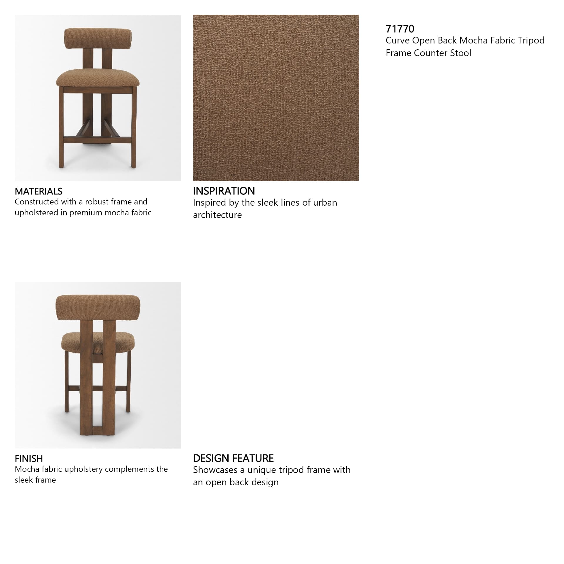 Tribeca Open Back 36.5in Seat Counter Stool | Mocha Fabric w/ Wood — product photograph