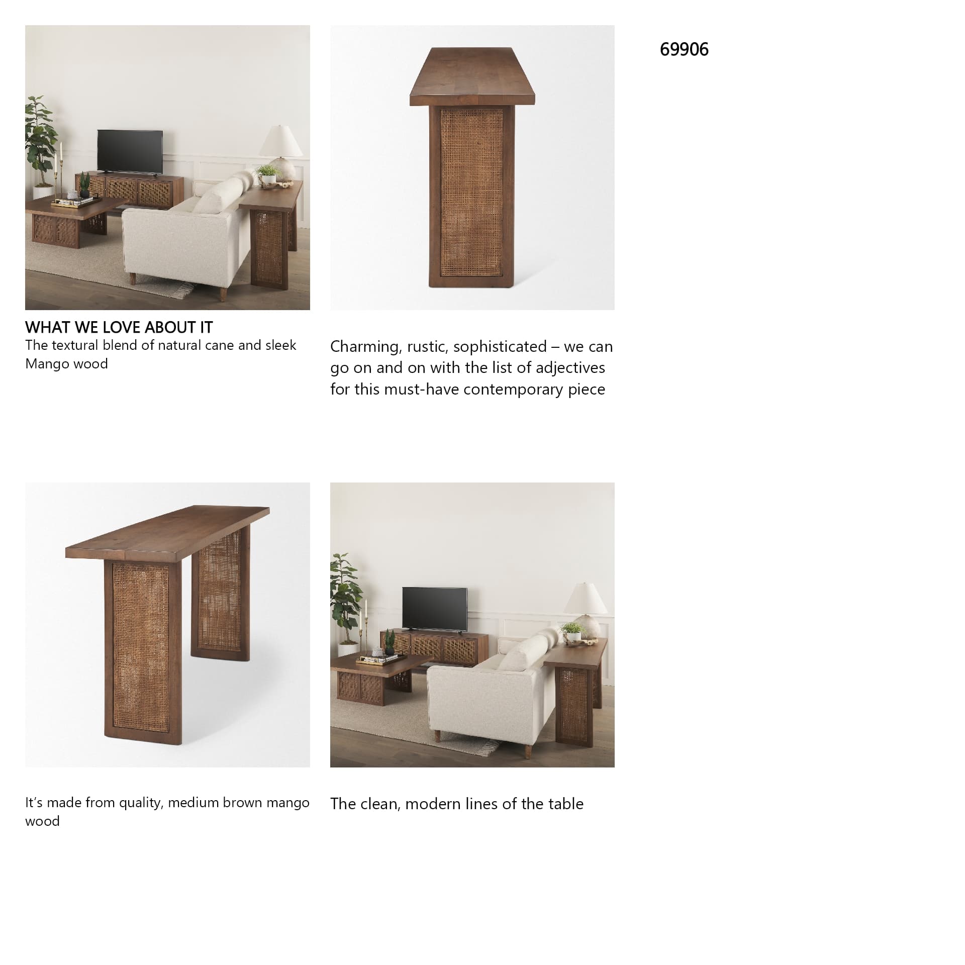 Grier 65" Medium Brown Solid Wood w/ Cane Console Table — in a styled room