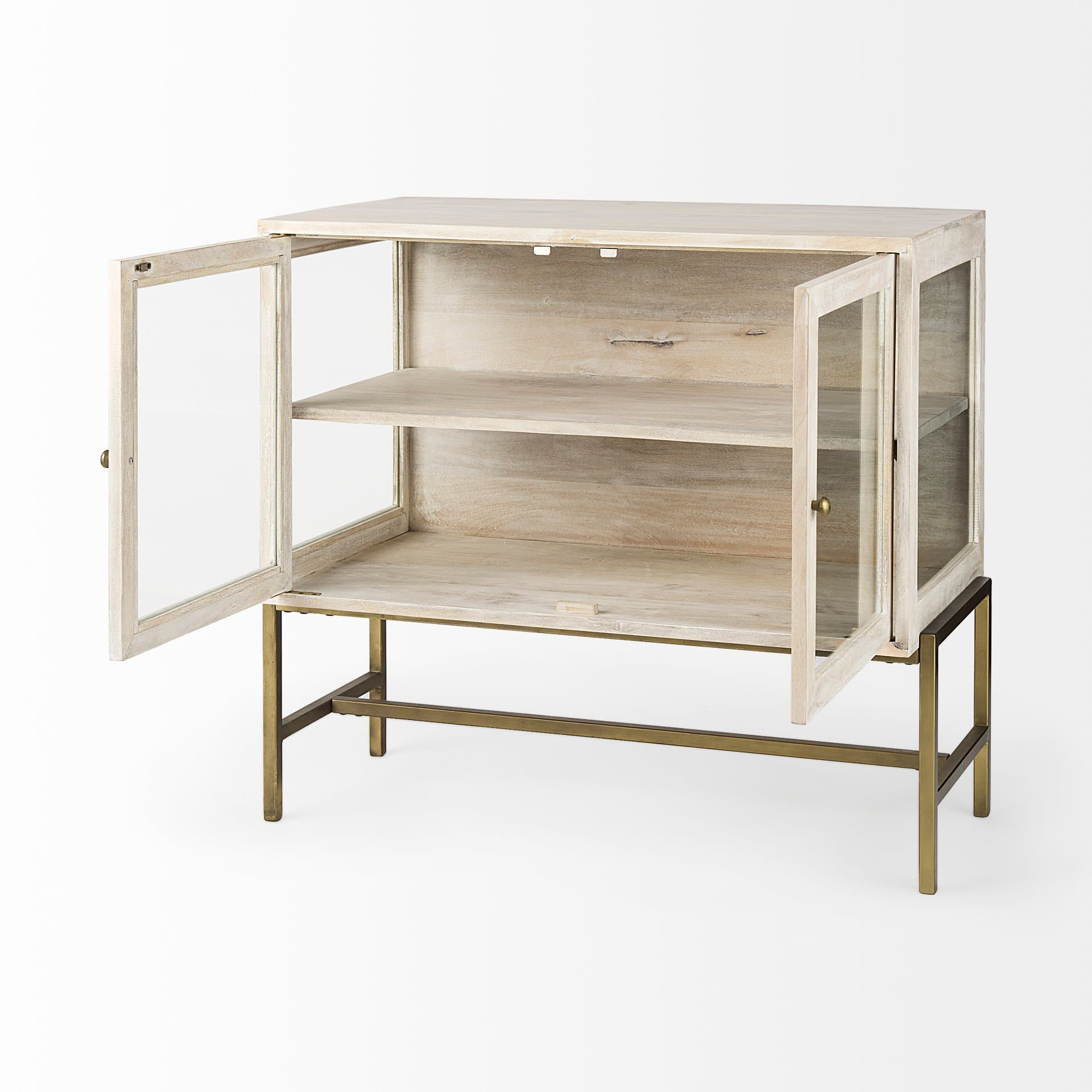Arelius 36L x 18W x 32H White Wood, Gold Metal Base w/ 2 Glass Doors Accent Cabinet — product photograph