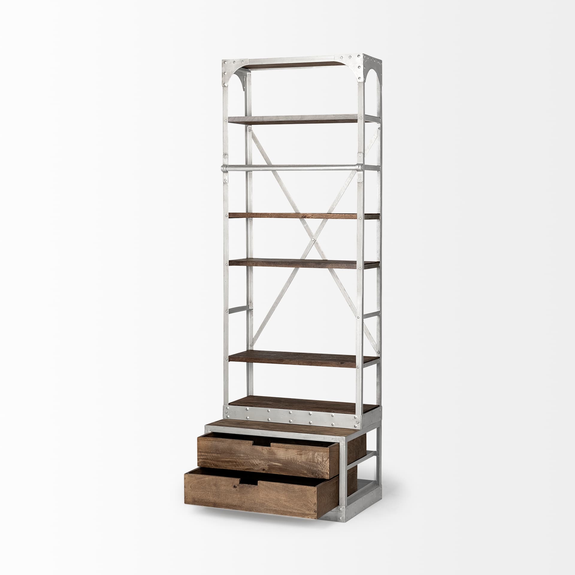 Brodie III 32L x 22W x 94H Medium Brown Wood Silver Accent Four Shelf Shelving Unit — product photograph
