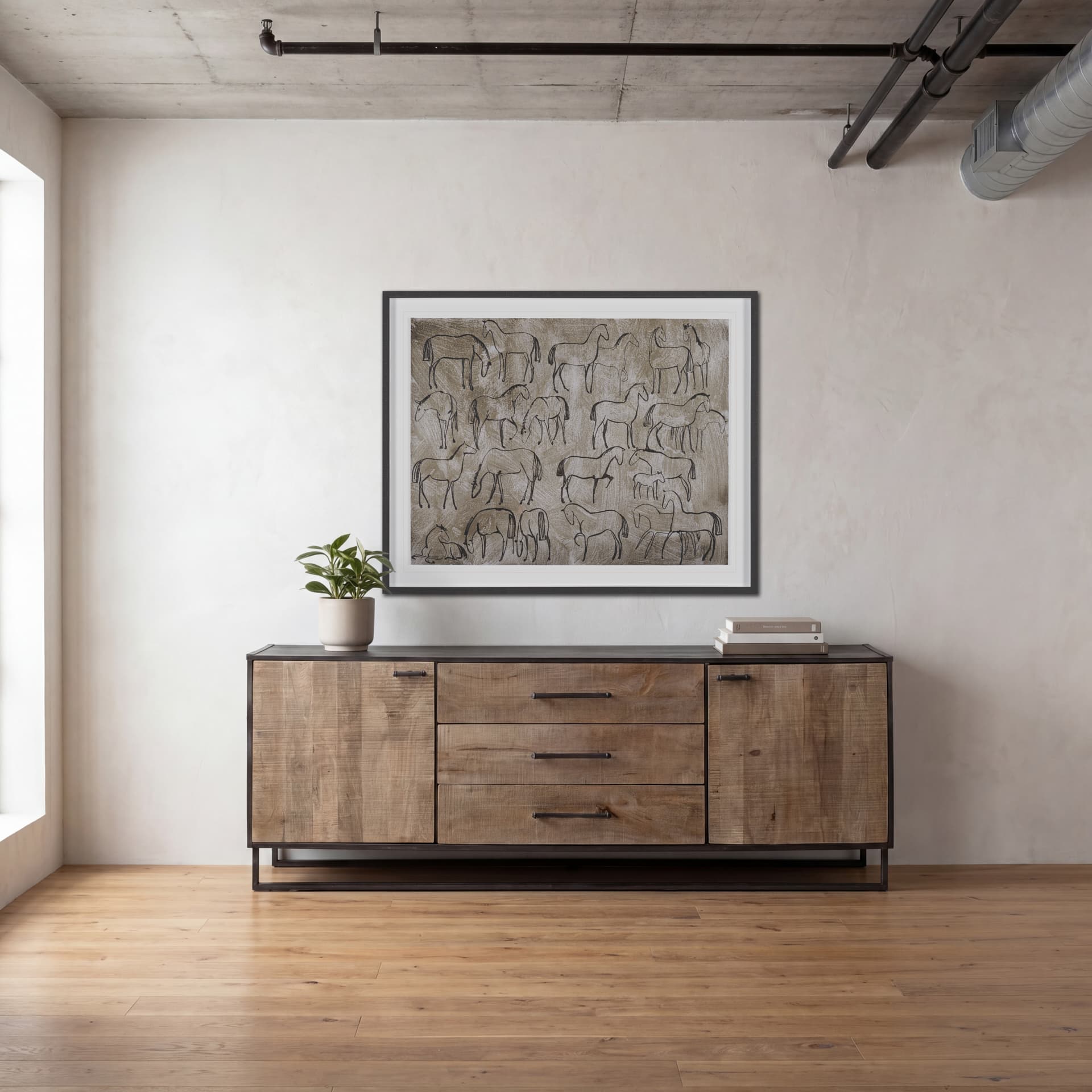 Alvin 82x20 Brown Solid Wood With Black Metal Frame 3 Drawer 2 Cabinet Door Sideboard — product photograph