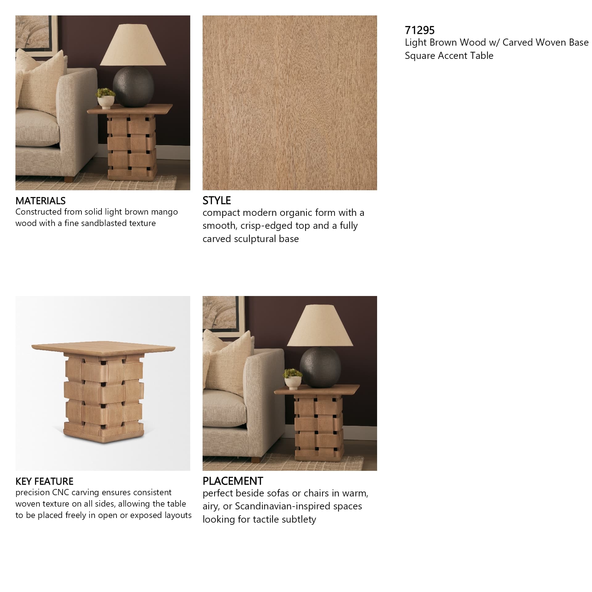 Trellyn Light Brown Wood w/ Carved Woven Base Square Accent Table — in a styled room