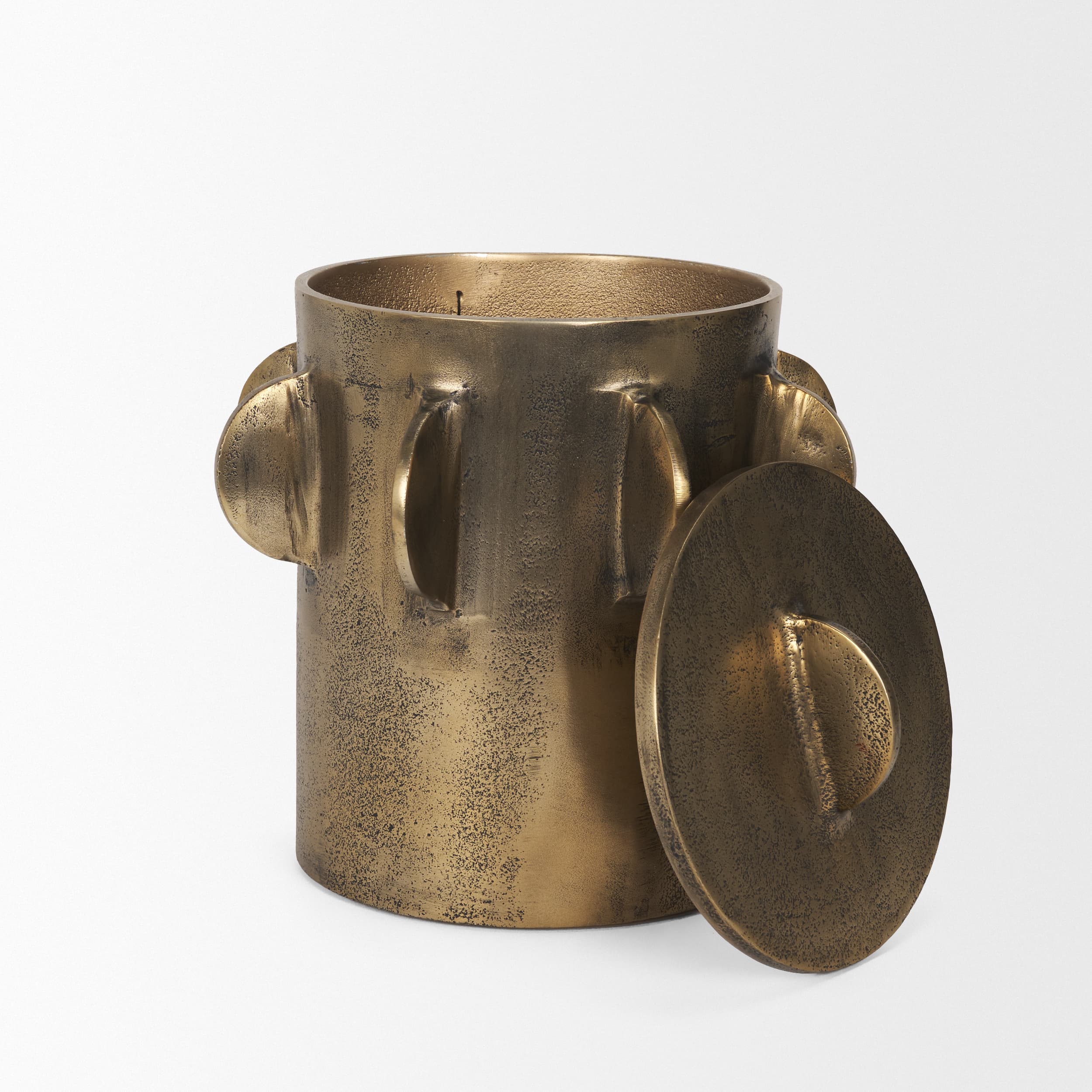 Deacon Large Antiqued Gold Metal Canister with Sculptural Handles — product photograph