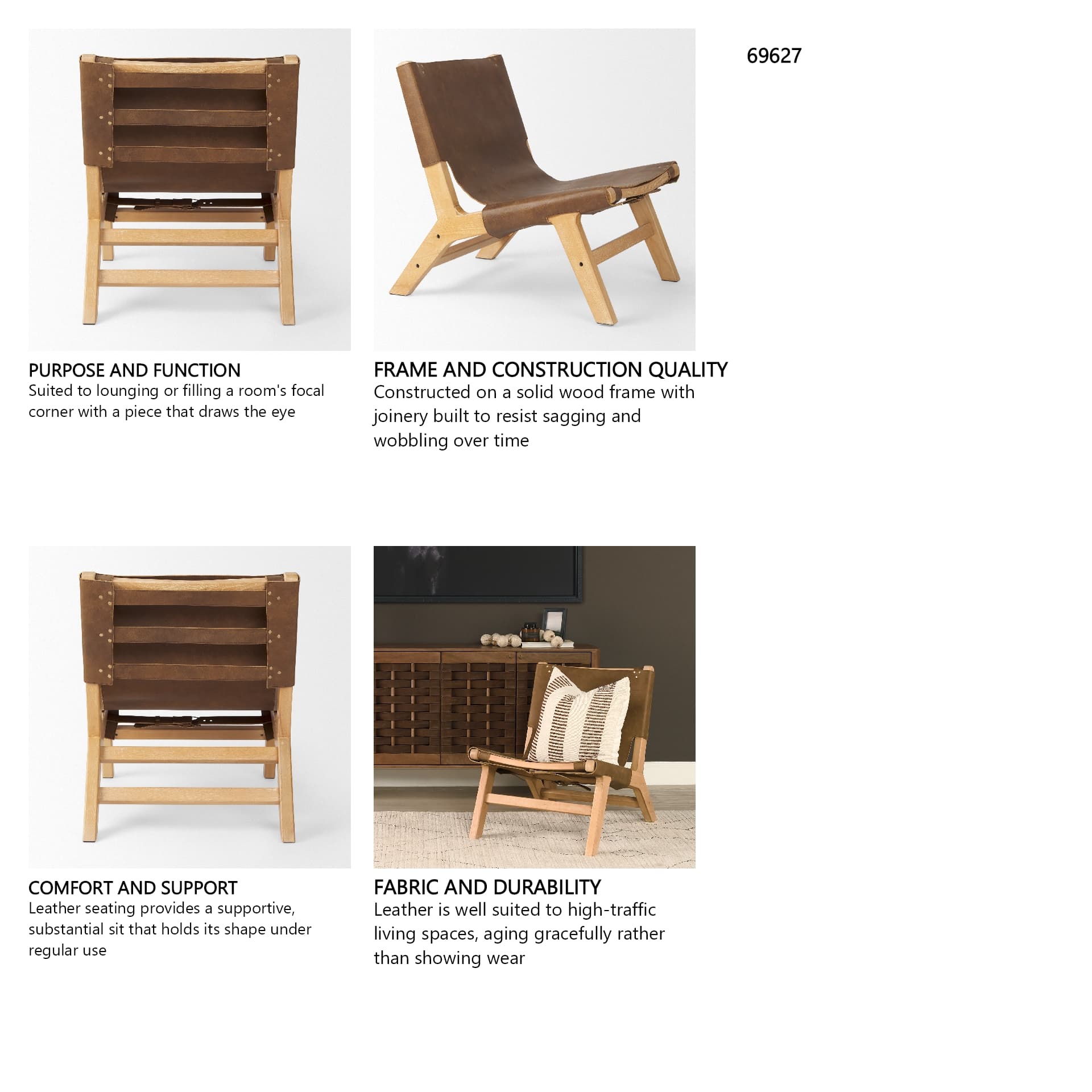 Elodie 24.4L x 33.9W x 30.7H Brown Leather W/Natural Beech Wood Frame Accent Chair — in a styled room