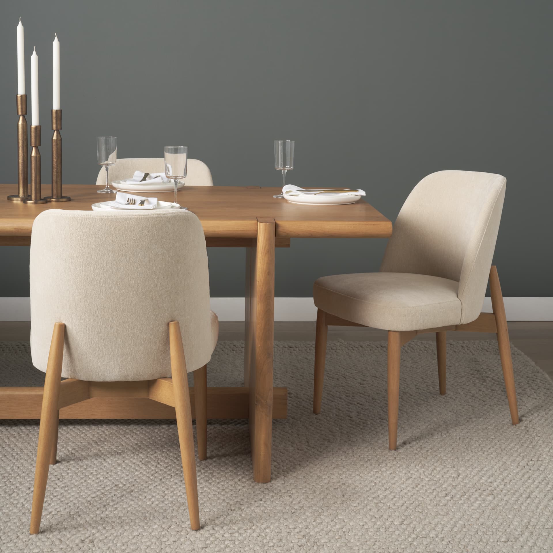 Abbie Curved Back Dining Side Chair | Oatmeal Fabric w/ Brown Wood — product photograph