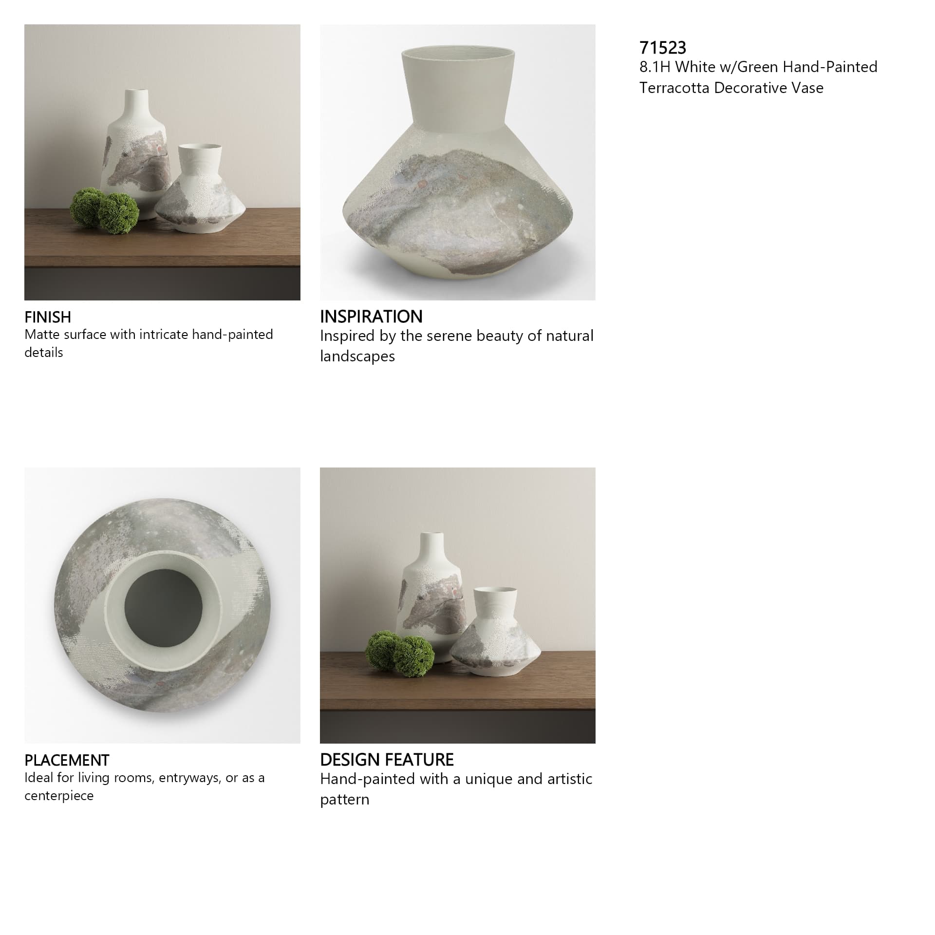 Velo 8.1H White w/Green Hand-Painted Terracotta Decorative Vase — in a styled room