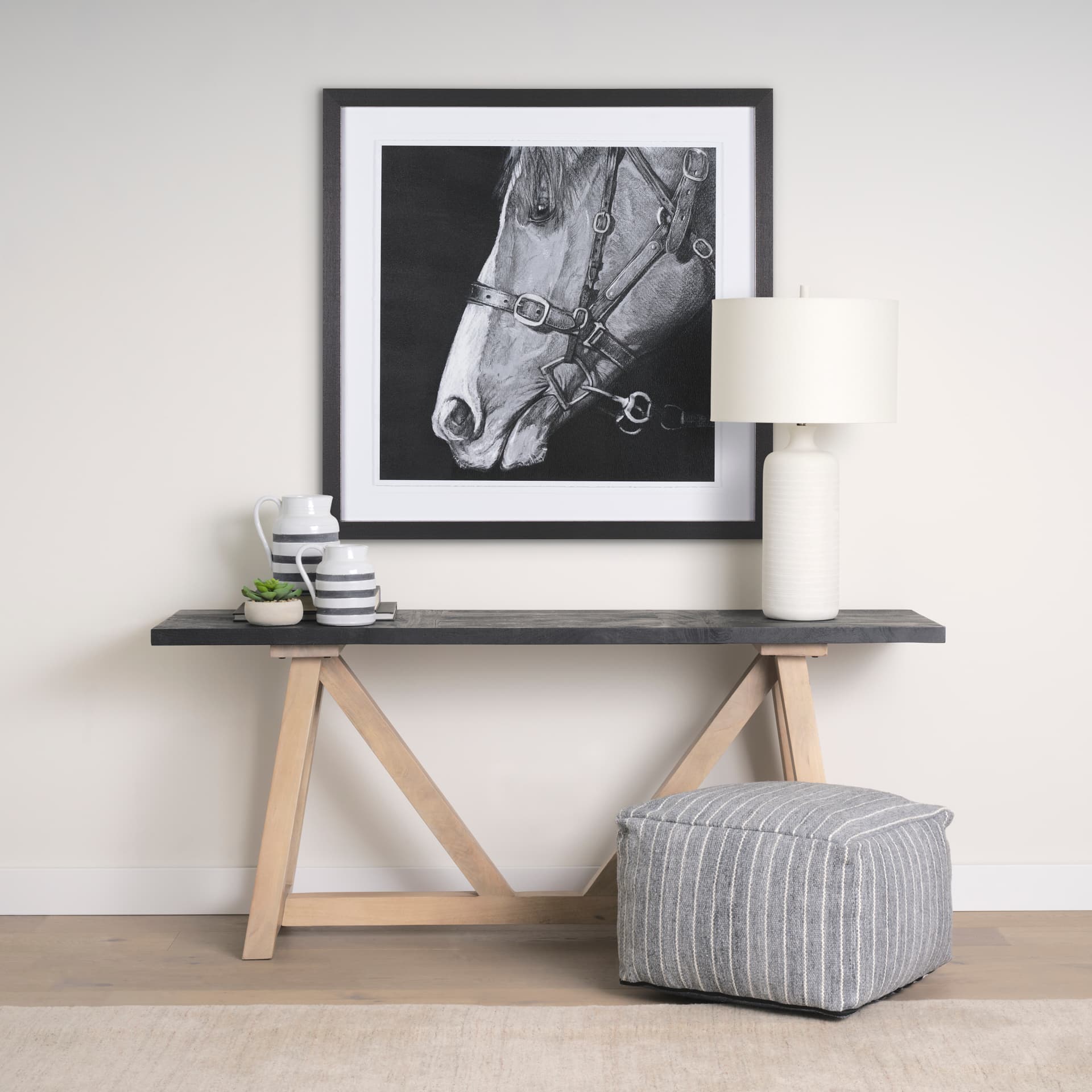 Melanie 17.0L x 17.0W x 30.5H White Shade W/White Base Table Lamp — in a styled room