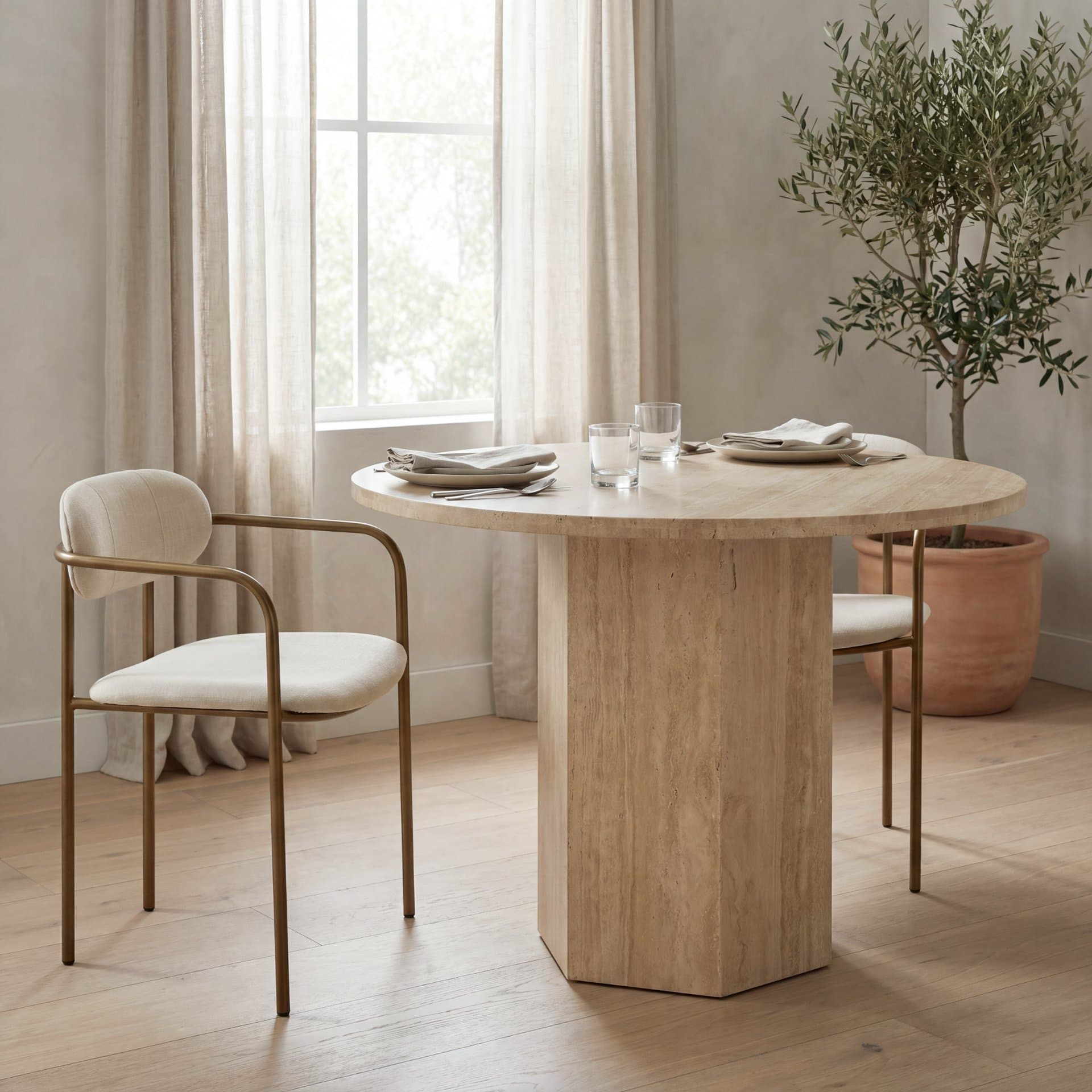 Parker Curved Back Dining Arm Chair | Cream Fabric w/ Gold Metal — product photograph