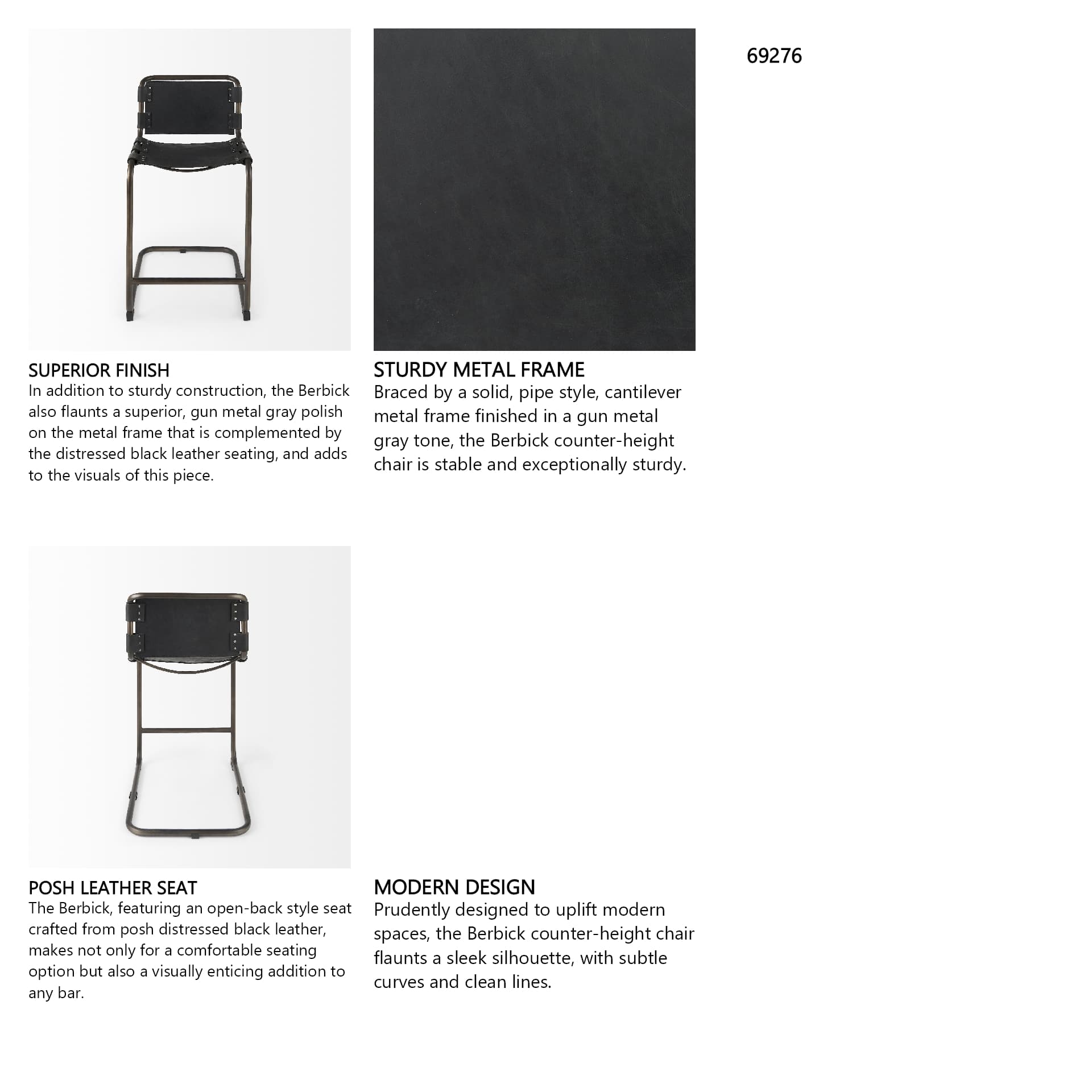Berbick Backless 38in Seat Counter Stool | Black Leather w/ Gray Metal — product photograph