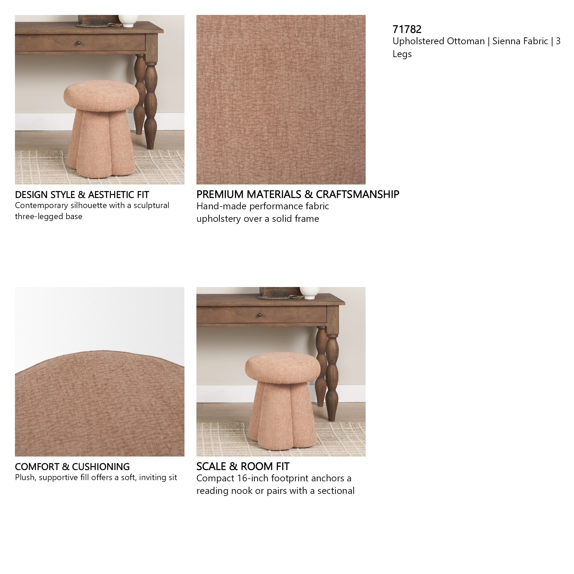Oona Upholstered Ottoman | Sienna Fabric | 3 Legs — in a styled room