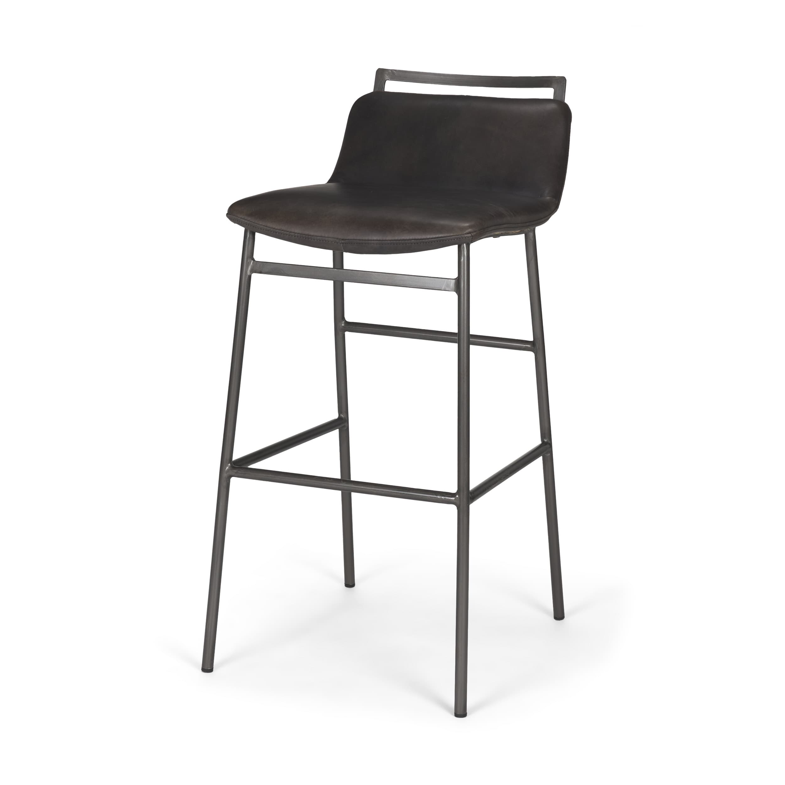 Kavalan Low Back 37.5in Seat Bar Stool | Ebony Leather w/ Black Metal — product photograph