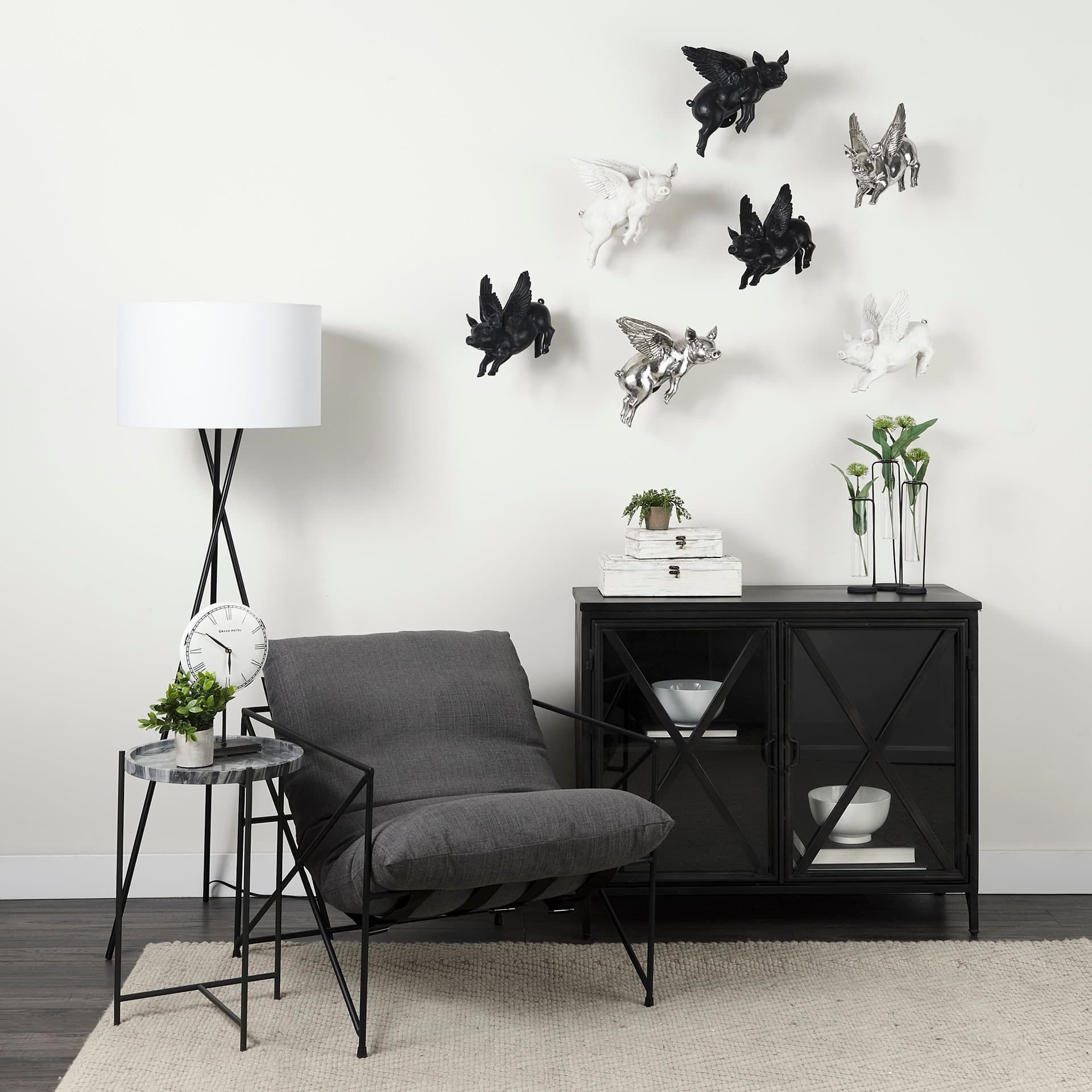 Hogbadi Set of 2 Silver Flying Pigs — in a styled room