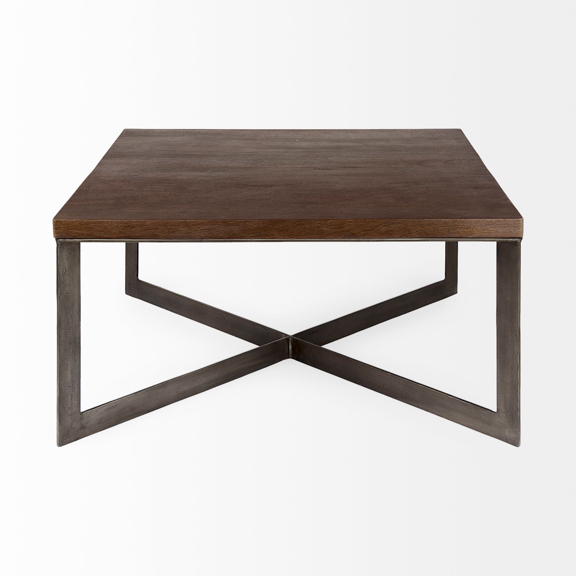 Faye 34L x 34W x 17H Medium Brown Wood W/Antique Nickel Metal Base Square Coffee Table — product photograph