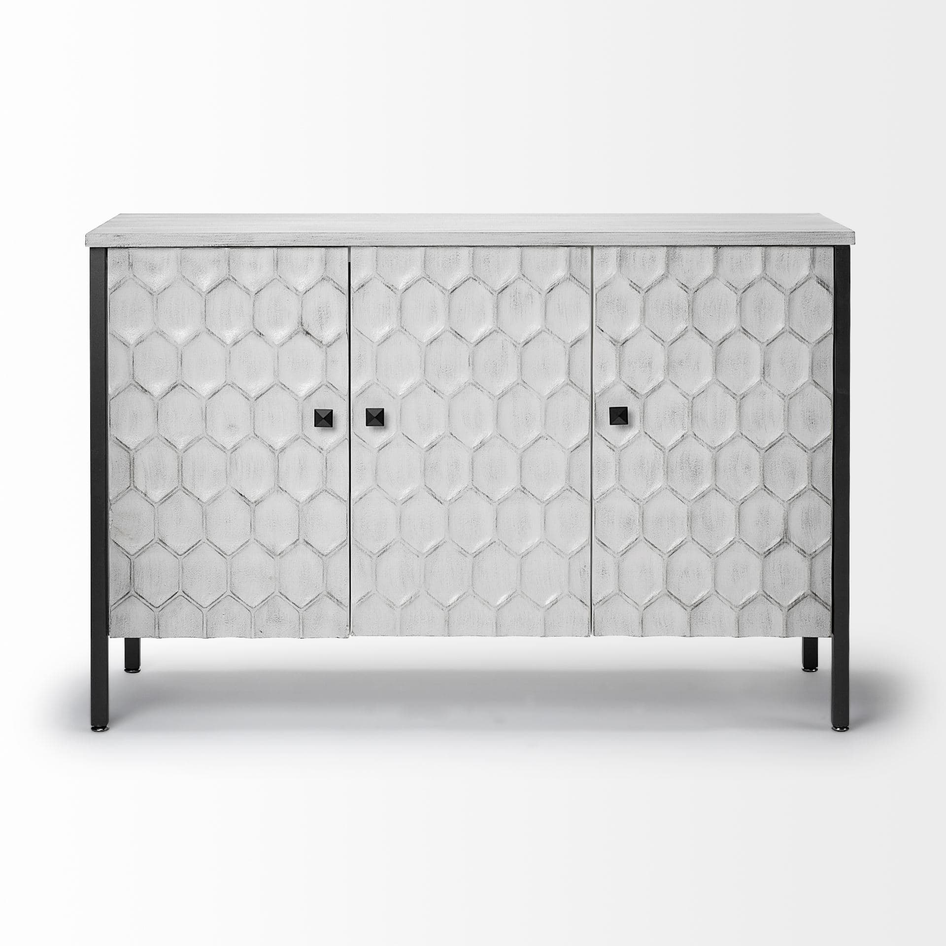 Savannah White Fir Veneer & Gray Metal 3-Door Accent Cabinet — product photograph
