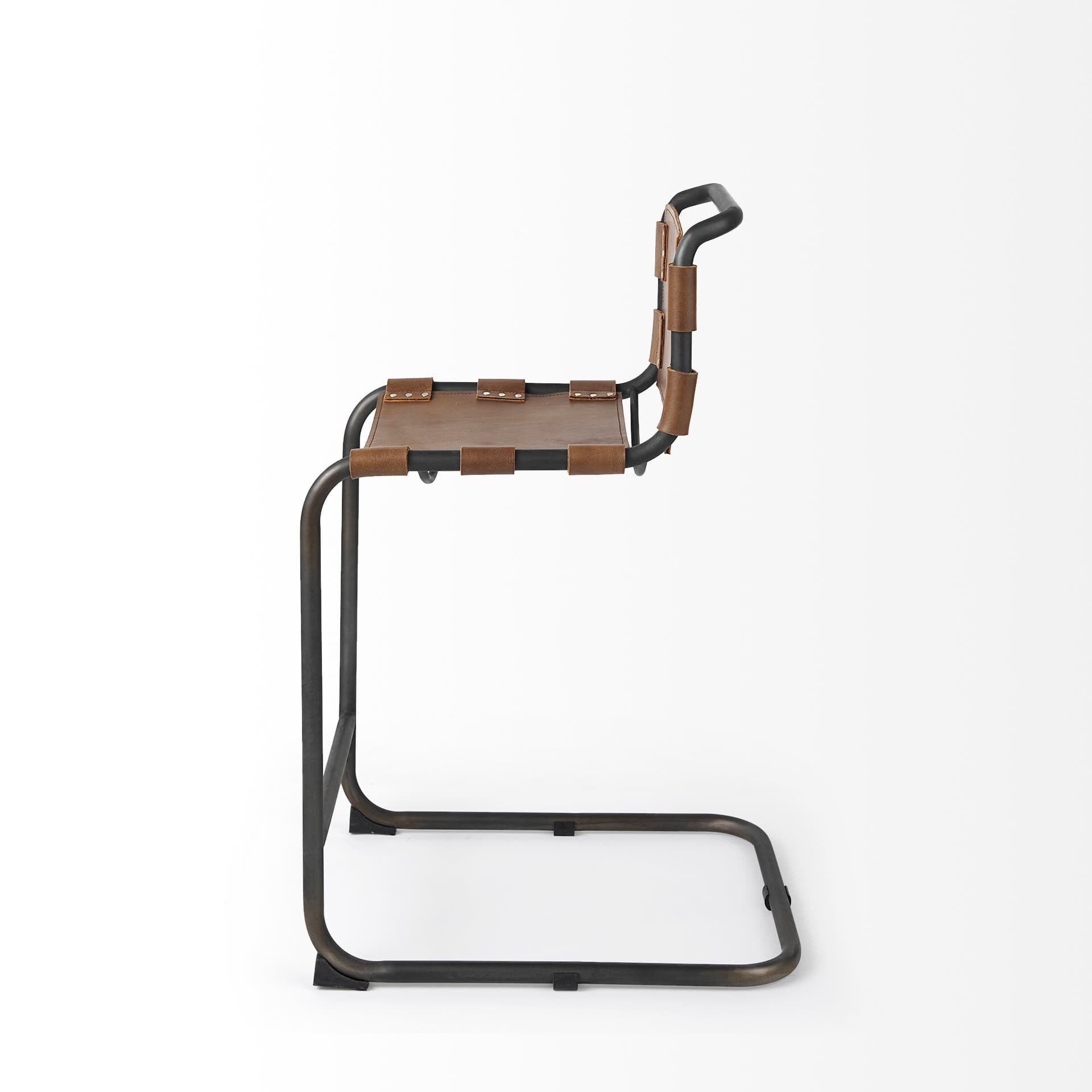 Berbick Low Back 26in Seat Counter Stool | Brown Leather w/ Gray Metal — product photograph