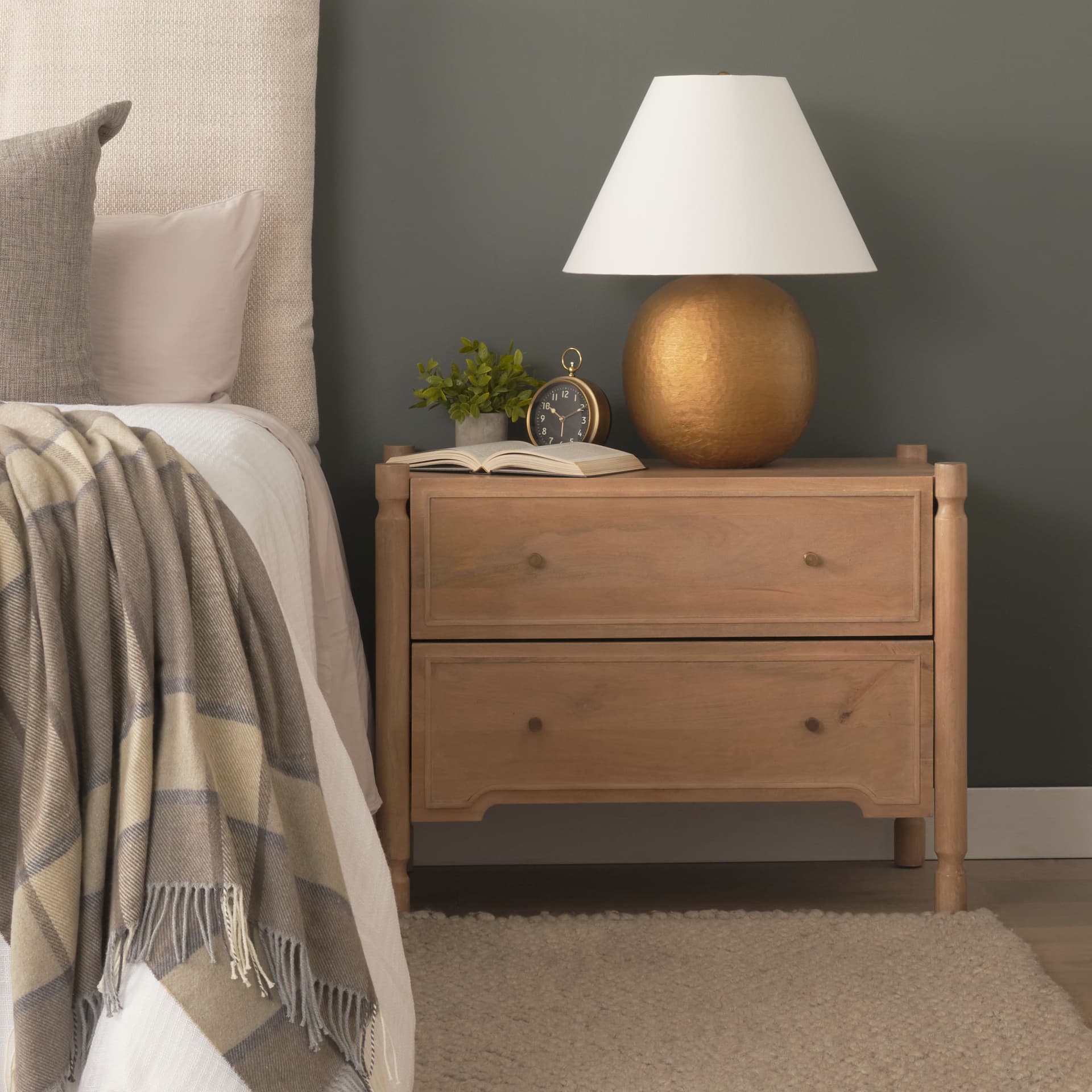 Phil Light Brown Wood 2 Drawer Nightstand — in a styled room