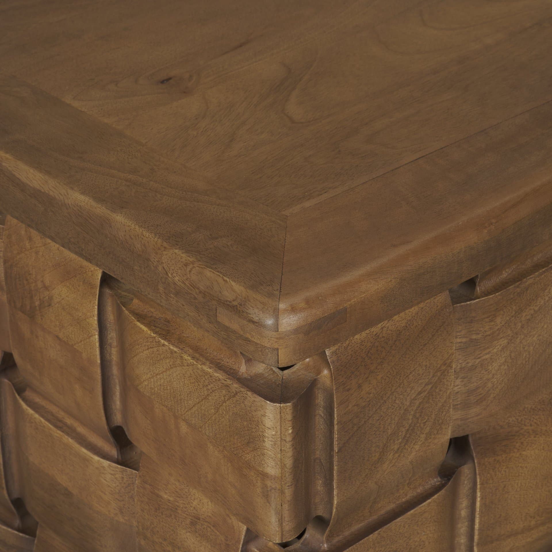 Trellyn 48" Dark Brown Wood w/ Carved Woven Base Square Coffee Table — product photograph