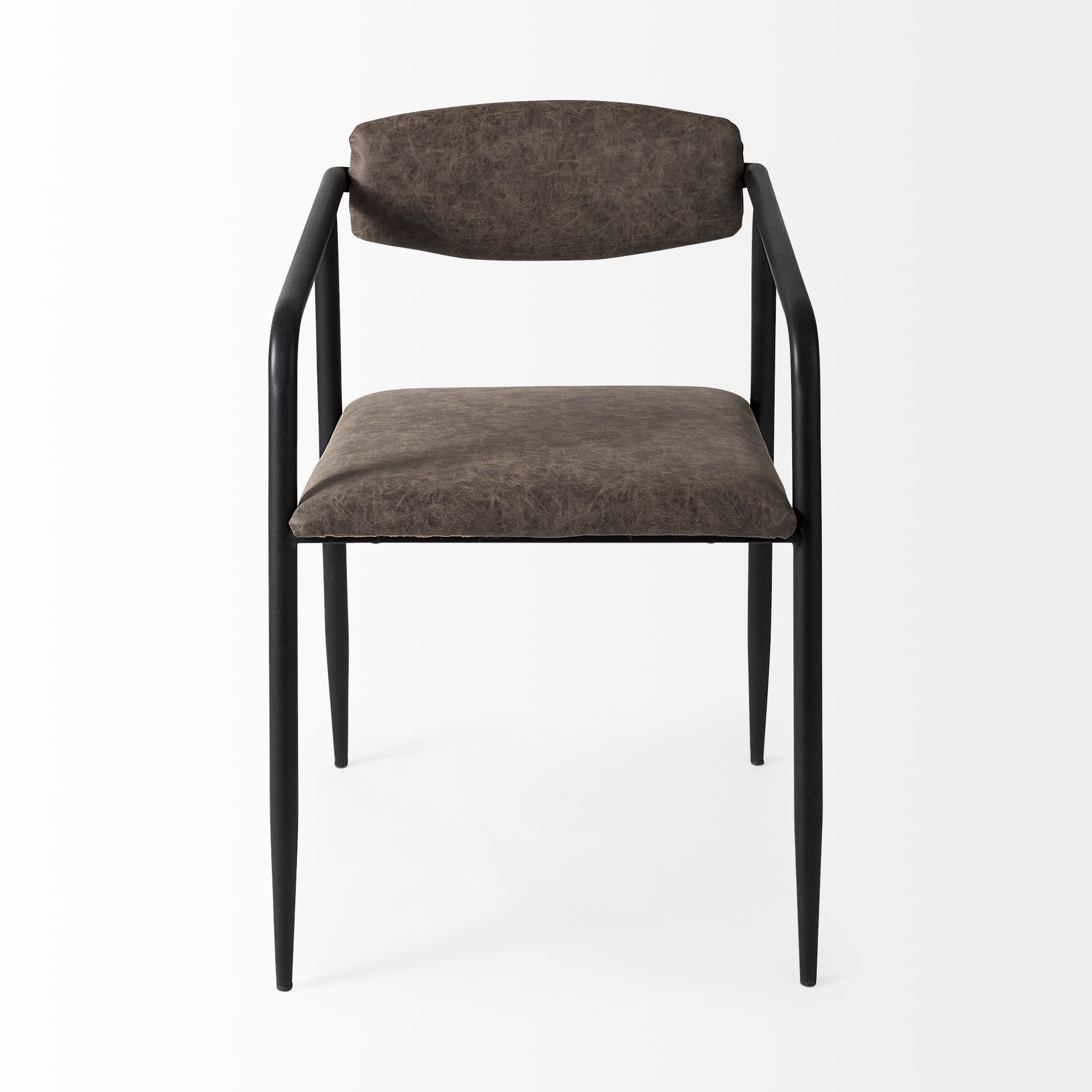 Langston Open Back Dining Arm Chair | Brown Faux Leather w/ Black Iron — product photograph
