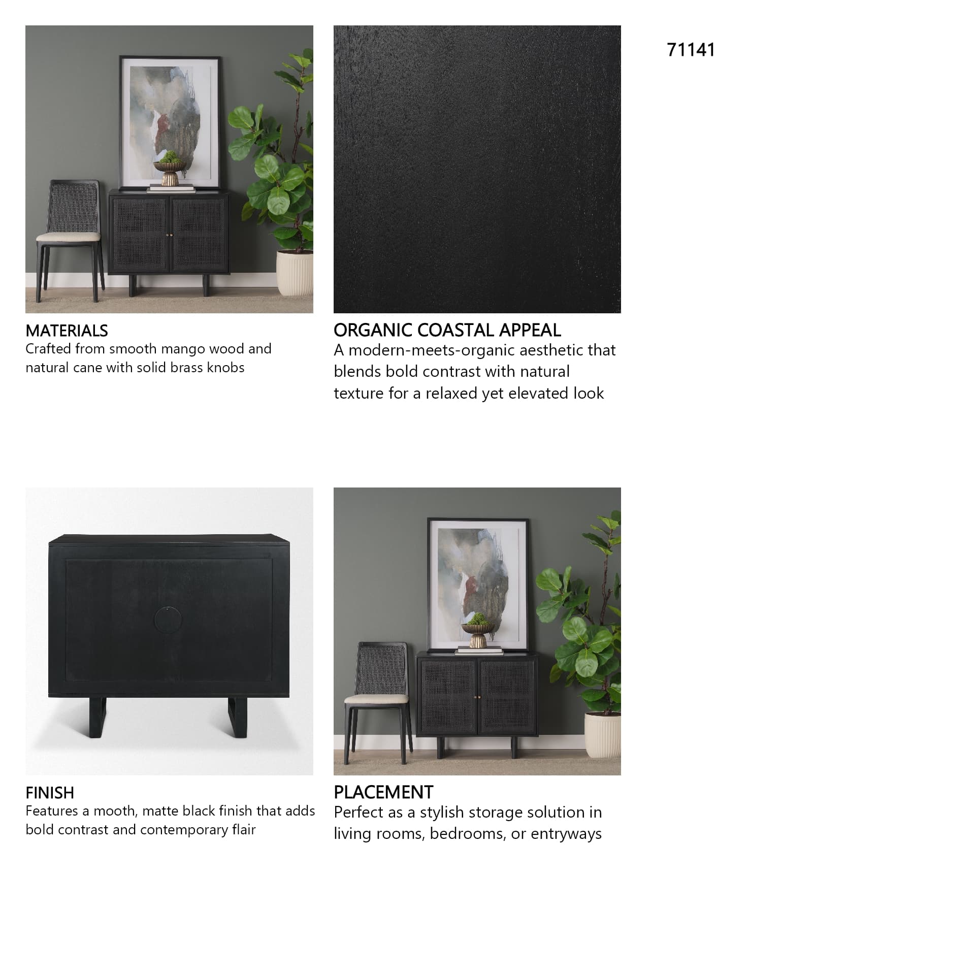 Grier Matte Black Stained Wood w/ Black Cane Accent Cabinet — in a styled room