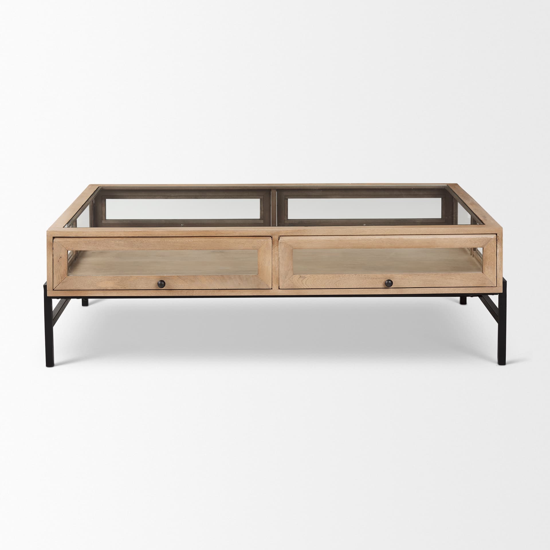 Arelius 49.5"L Rectangular Light Brown Wood w/ Black Metal Base Display Coffee Table — product photograph