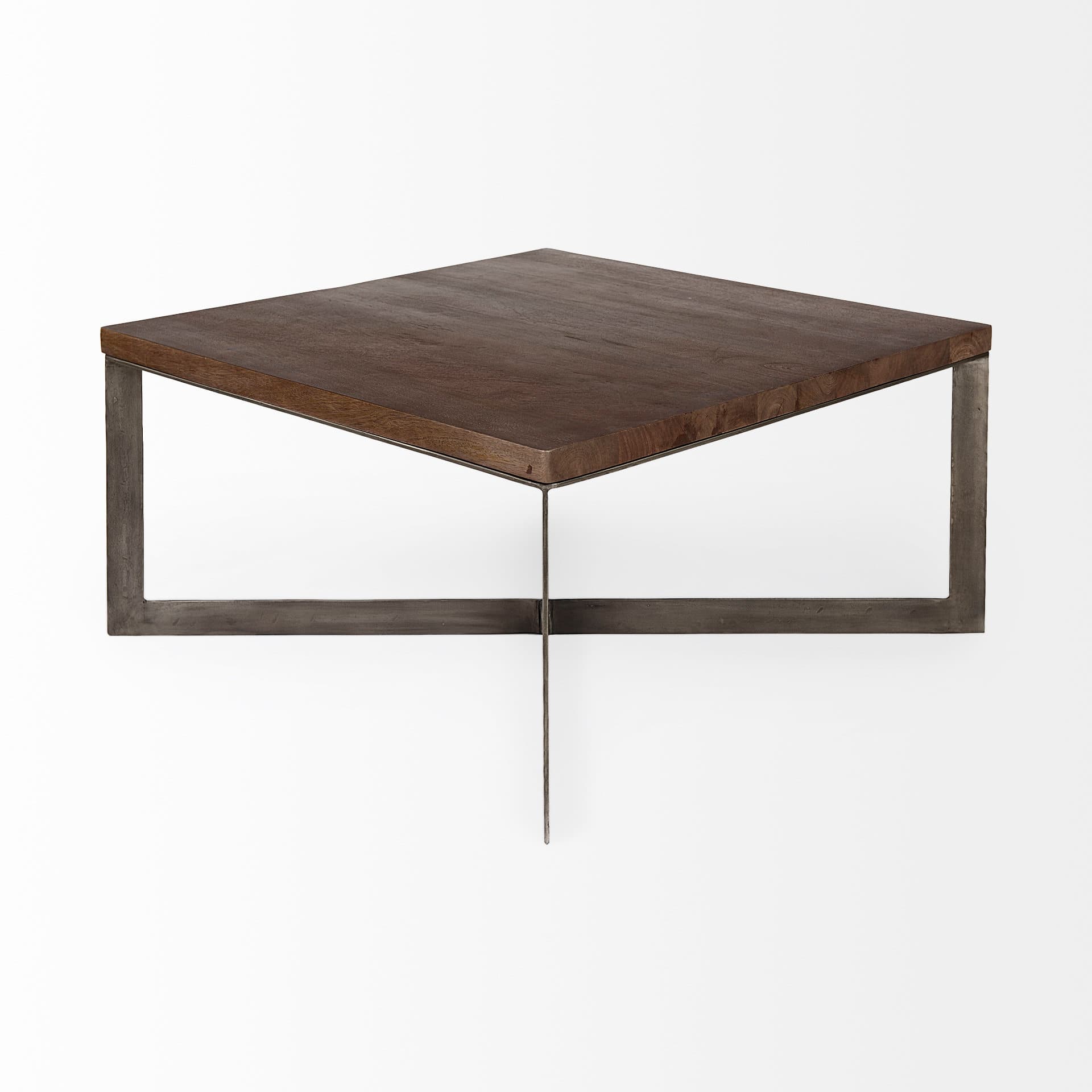 Faye 34L x 34W x 17H Medium Brown Wood W/Antique Nickel Metal Base Square Coffee Table — product photograph