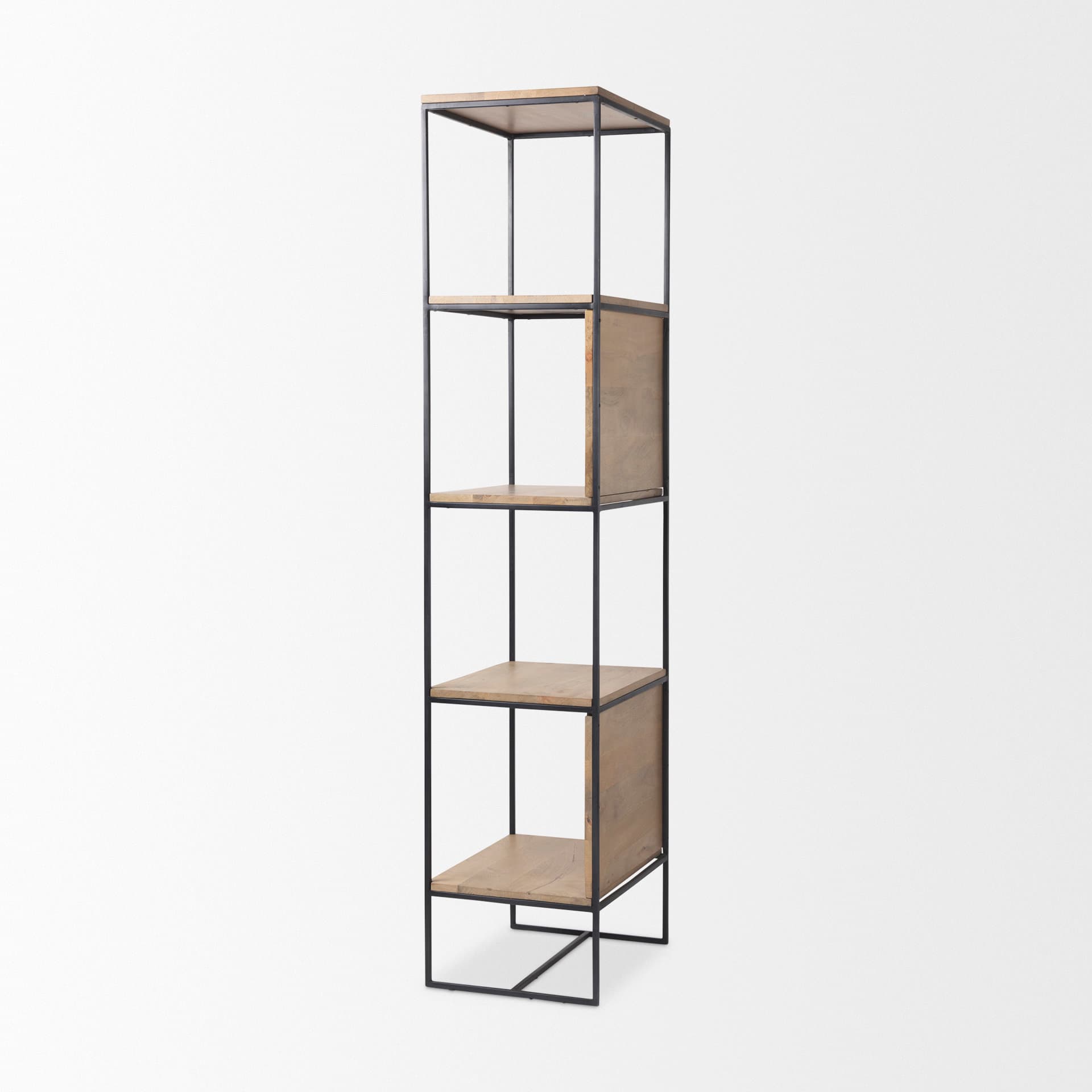 Morris 19.75 L x 15.0W x 72.5H Beige Wood W/Black Metal Frame 4-Tier Shelving Unit — product photograph