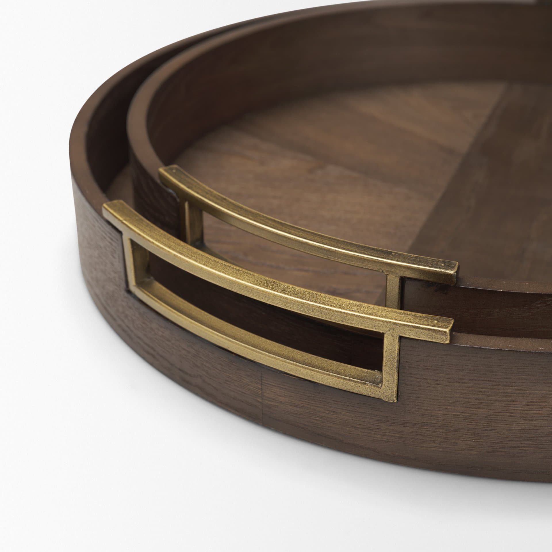Langford Round Dark Brown Walnut Wood w/ Brass Handles Decorative Tray Set — product photograph