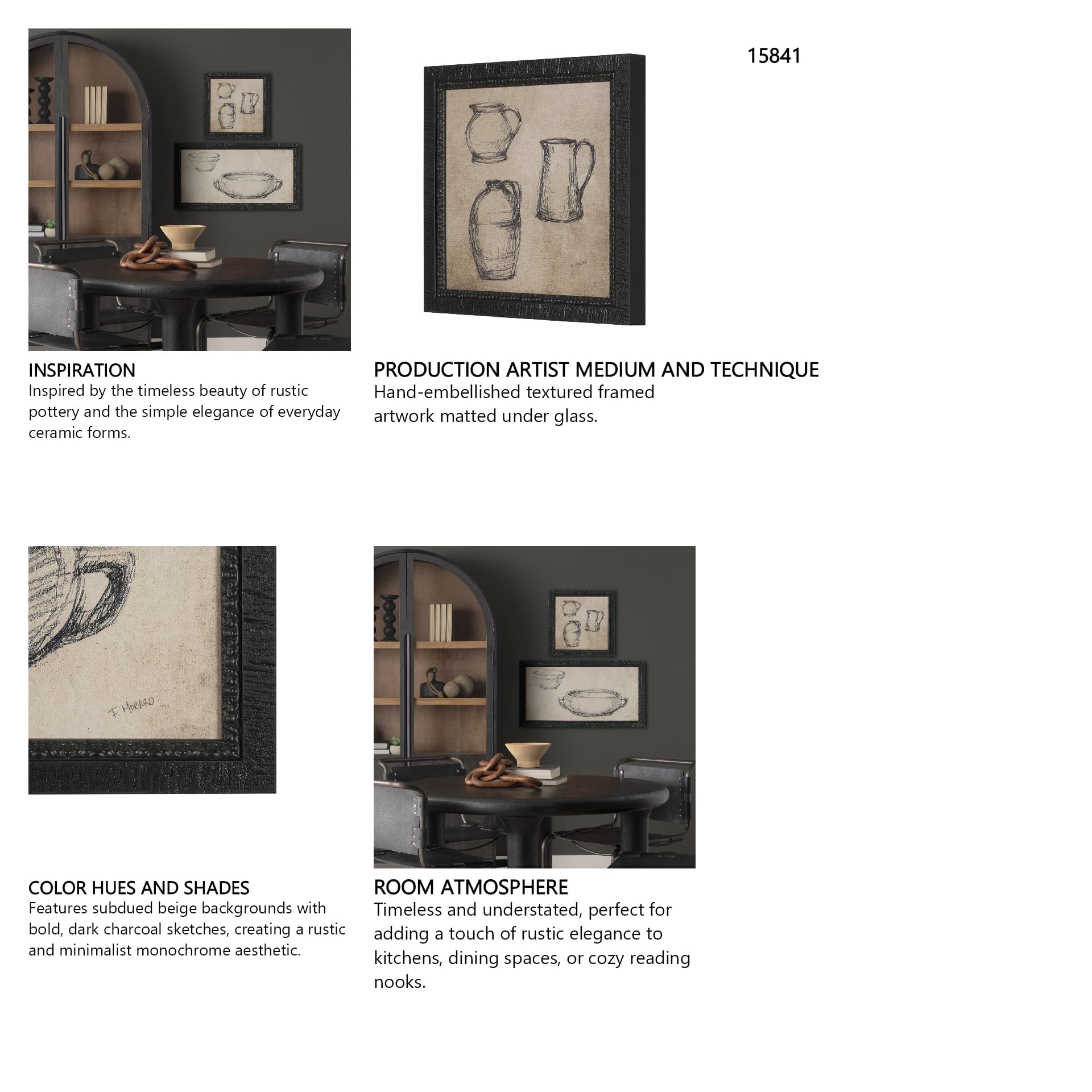 Vintage Tableware Sketch (Set of 2) by Mercana Studio Hand Embelished Textured Framed Canvas Matted — in a styled room