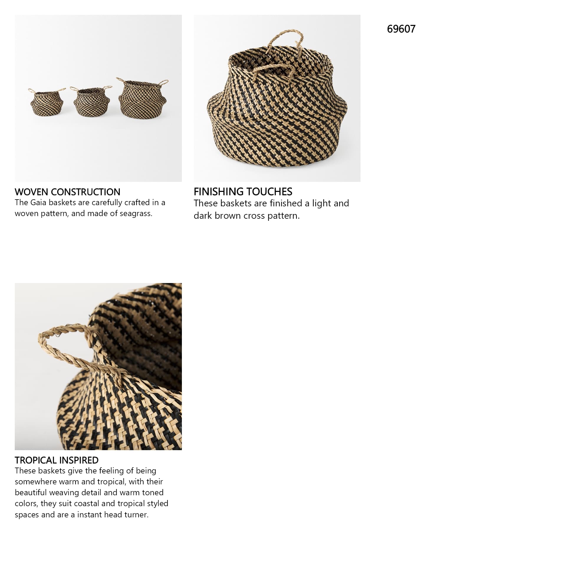 Gaia (Set of 3) Light and Dark Brown Cross Patterend Belly Seagrass Basket — in a styled room