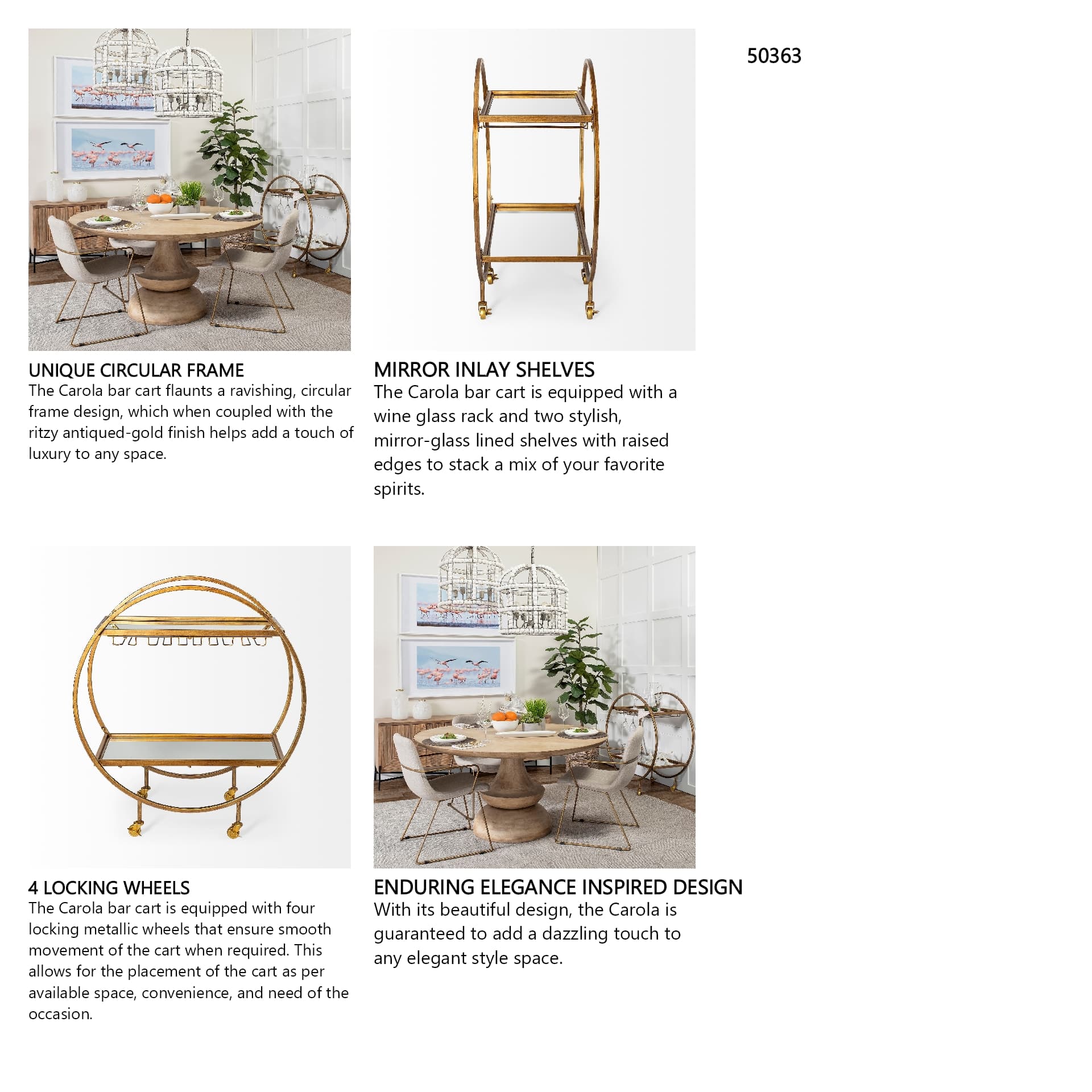 Carola Gold Frame Two-Tier Glass Shelves w/Stemware Holder Bar Cart — in a styled room
