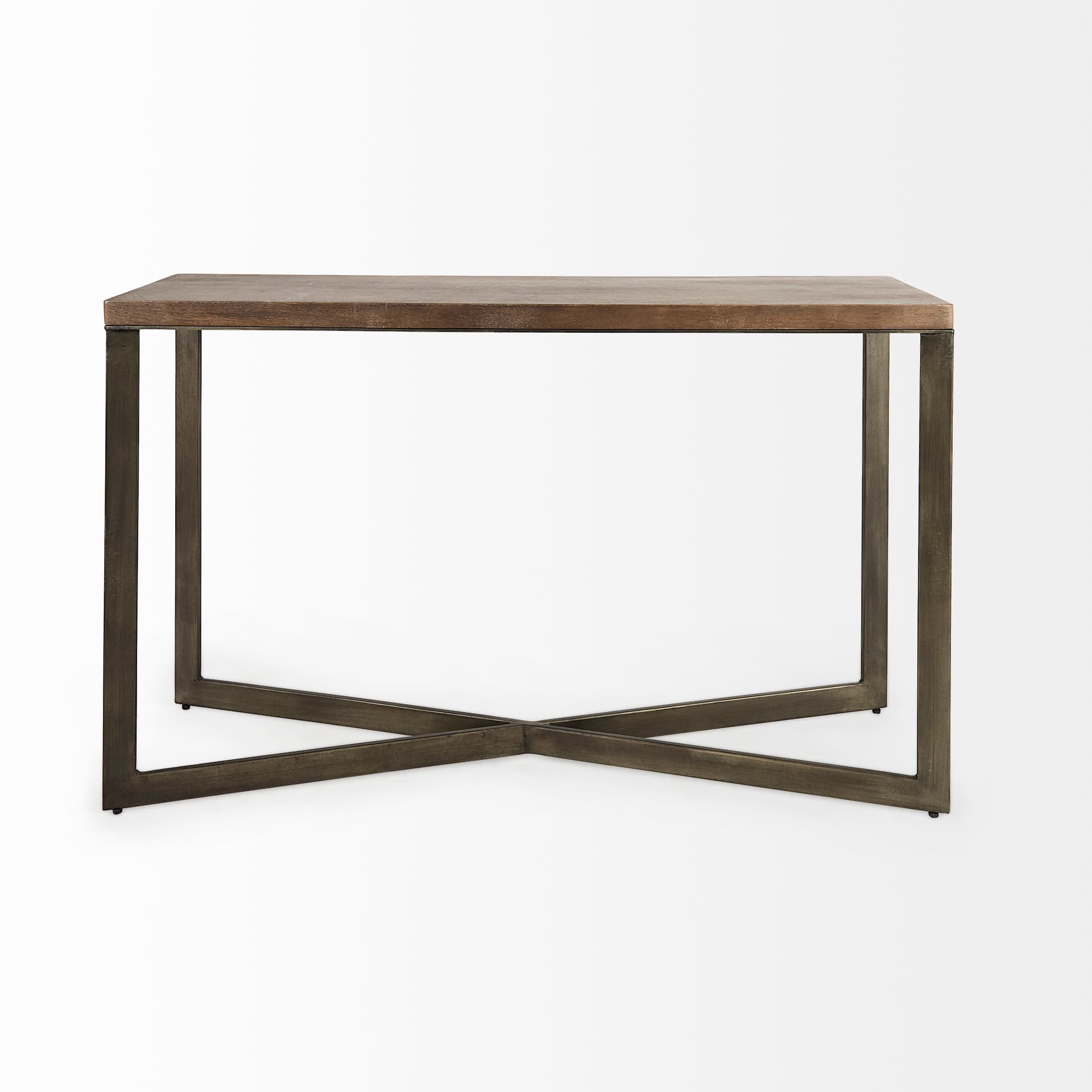 Faye 50L x 15W x 30H Medium Brown Wood W/Antique Nickel Metal Base Console Table — product photograph