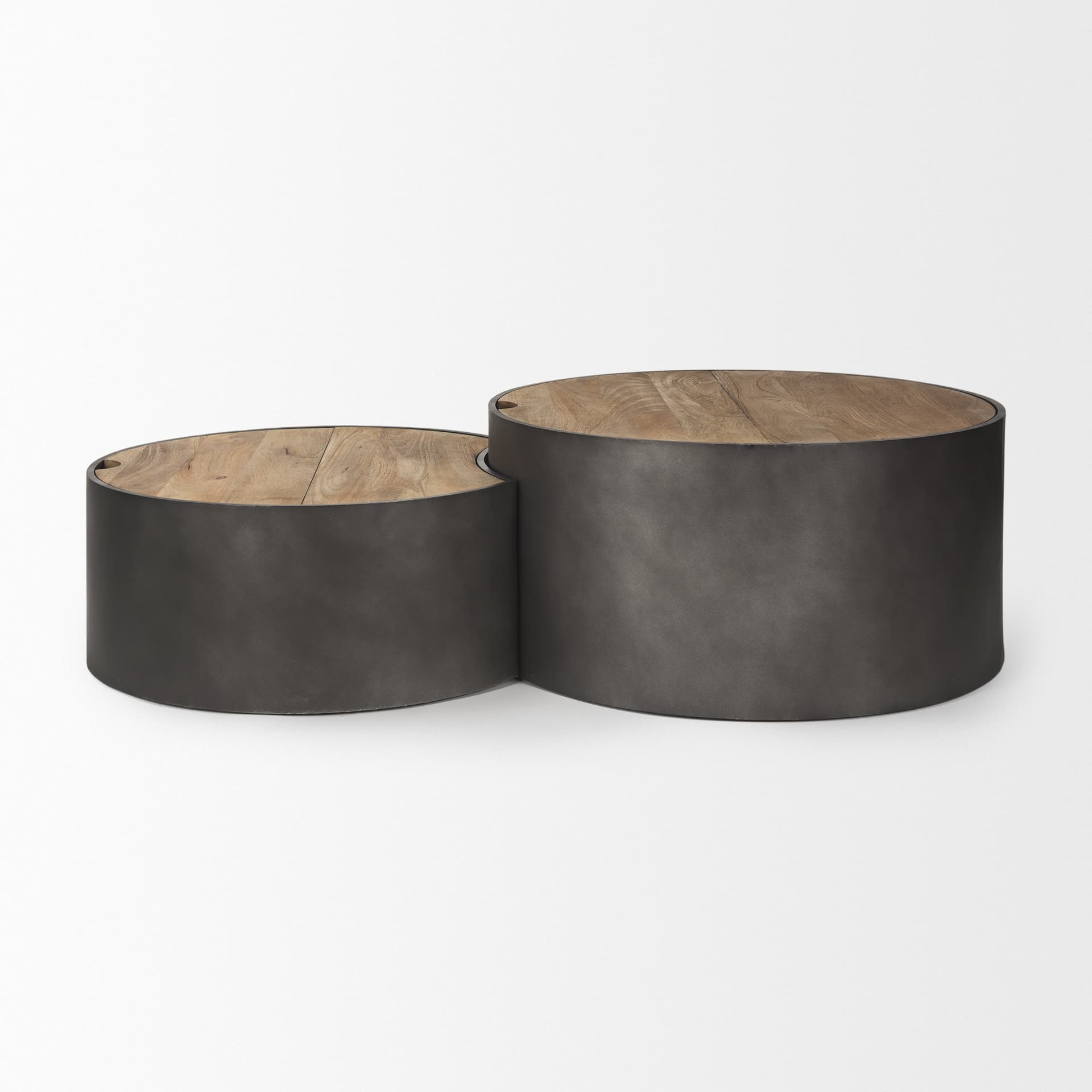 Eclipse Gunmetal Gray Drum Base w/ Brown Wood Top Nested Coffee Table — product photograph
