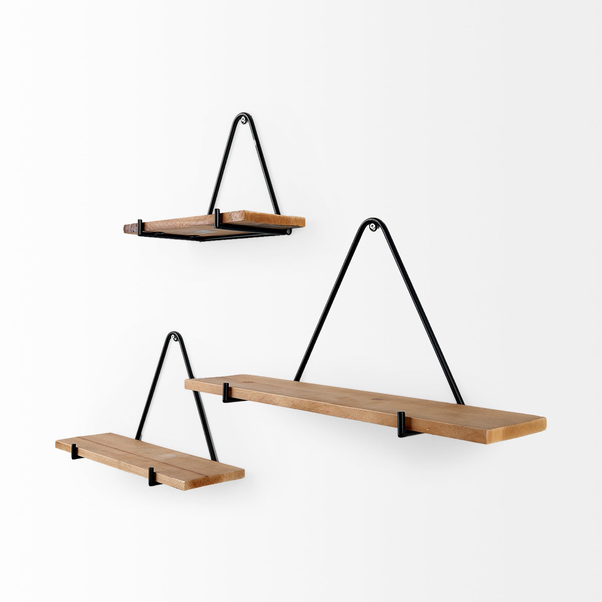 Khufu 18.9L x 5.5W x 10.2H Set of Three Brown Wood W/ Black Metal Triangular Hanging Shelves — product photograph